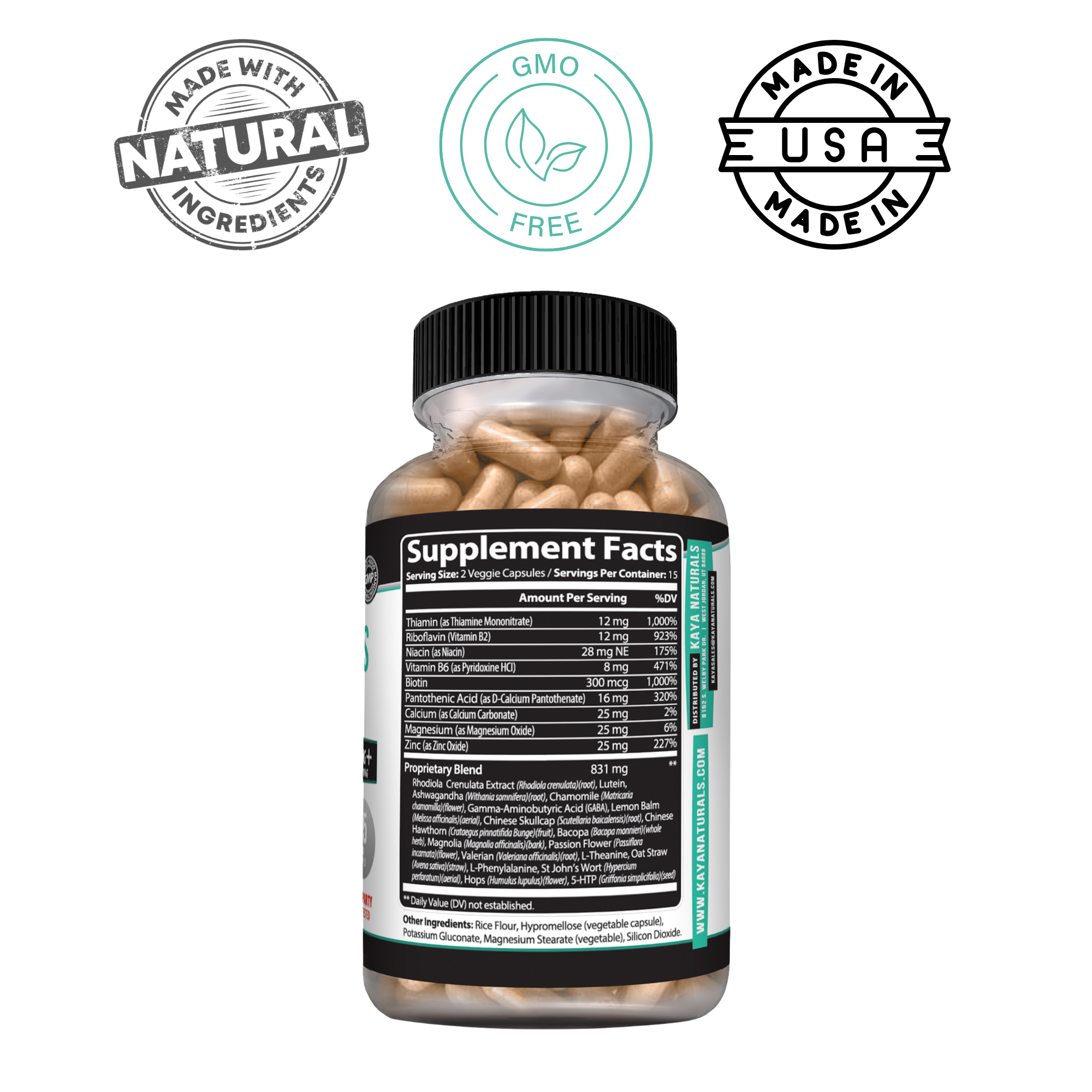 Bottle of Kaya Naturals Daily Stress Support supplement with capsules in a natural setting, emphasizing stress relief and wellness.