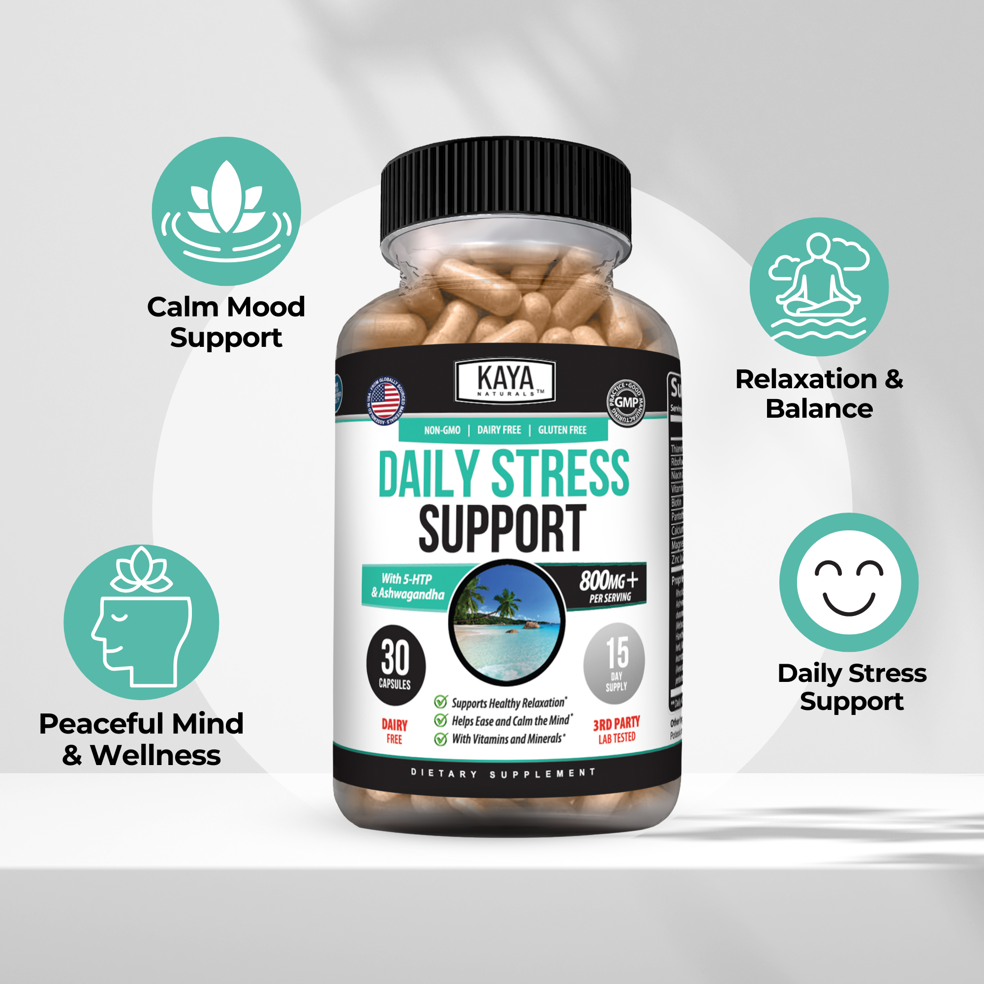 Bottle of Kaya Naturals Daily Stress Support supplement with capsules in a white container on a neutral background.