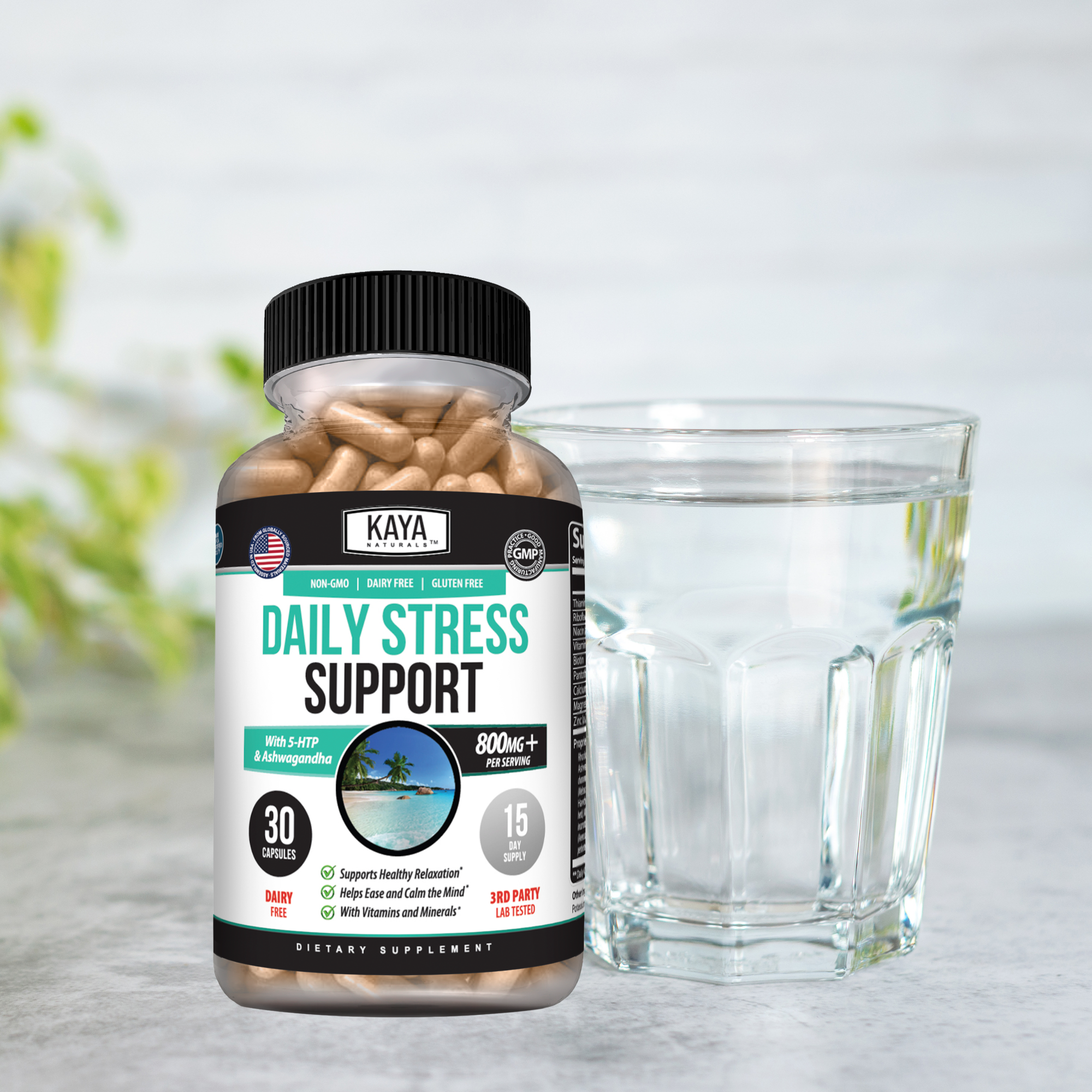Bottle of Kaya Naturals Daily Stress Support supplement showing the label with natural ingredients and capsules inside.