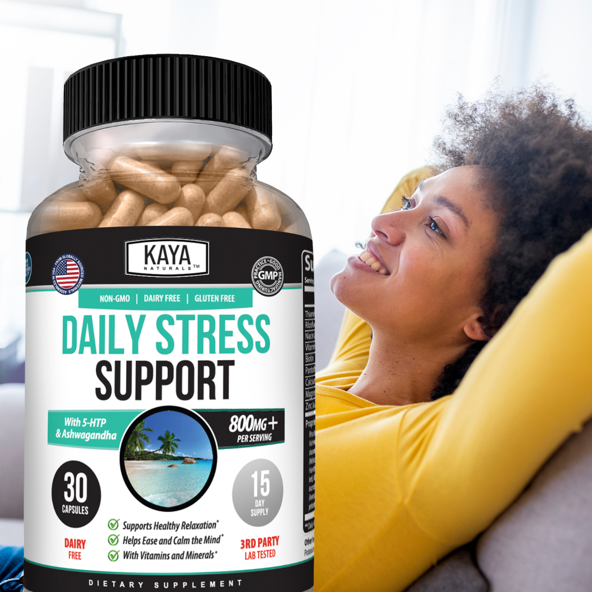 Bottle of Kaya Naturals Daily Stress Support supplement with capsules in a natural setting, promoting relaxation and stress relief.