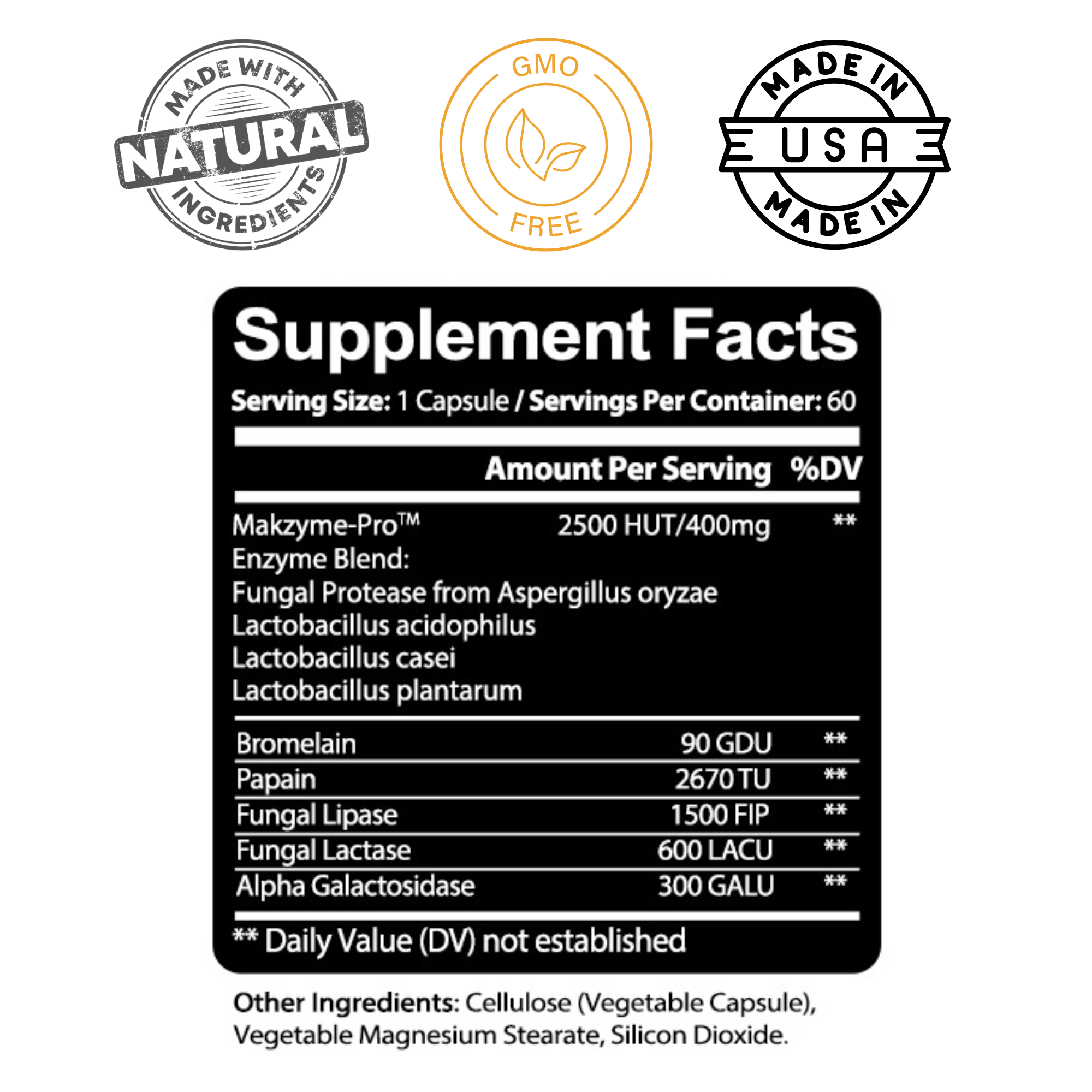 Bottle of Kaya Naturals Digestive Enzymes supplement with 30 capsules, featuring a clear label and nutritional information.