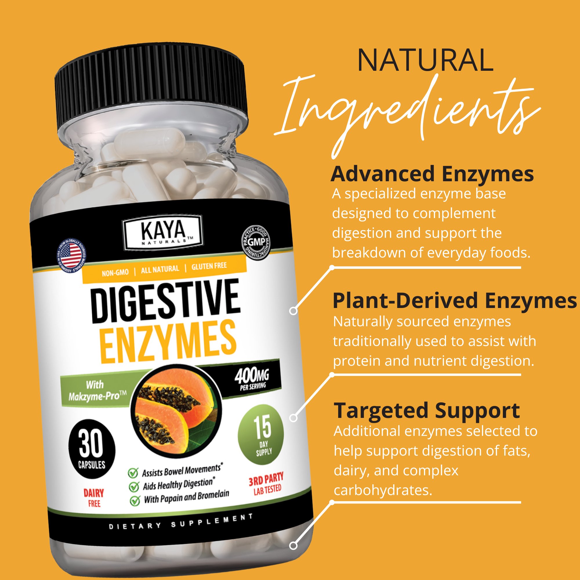 Bottle of Kaya Naturals Digestive Enzymes supplement with label visible, featuring capsules and brand logo on the packaging.