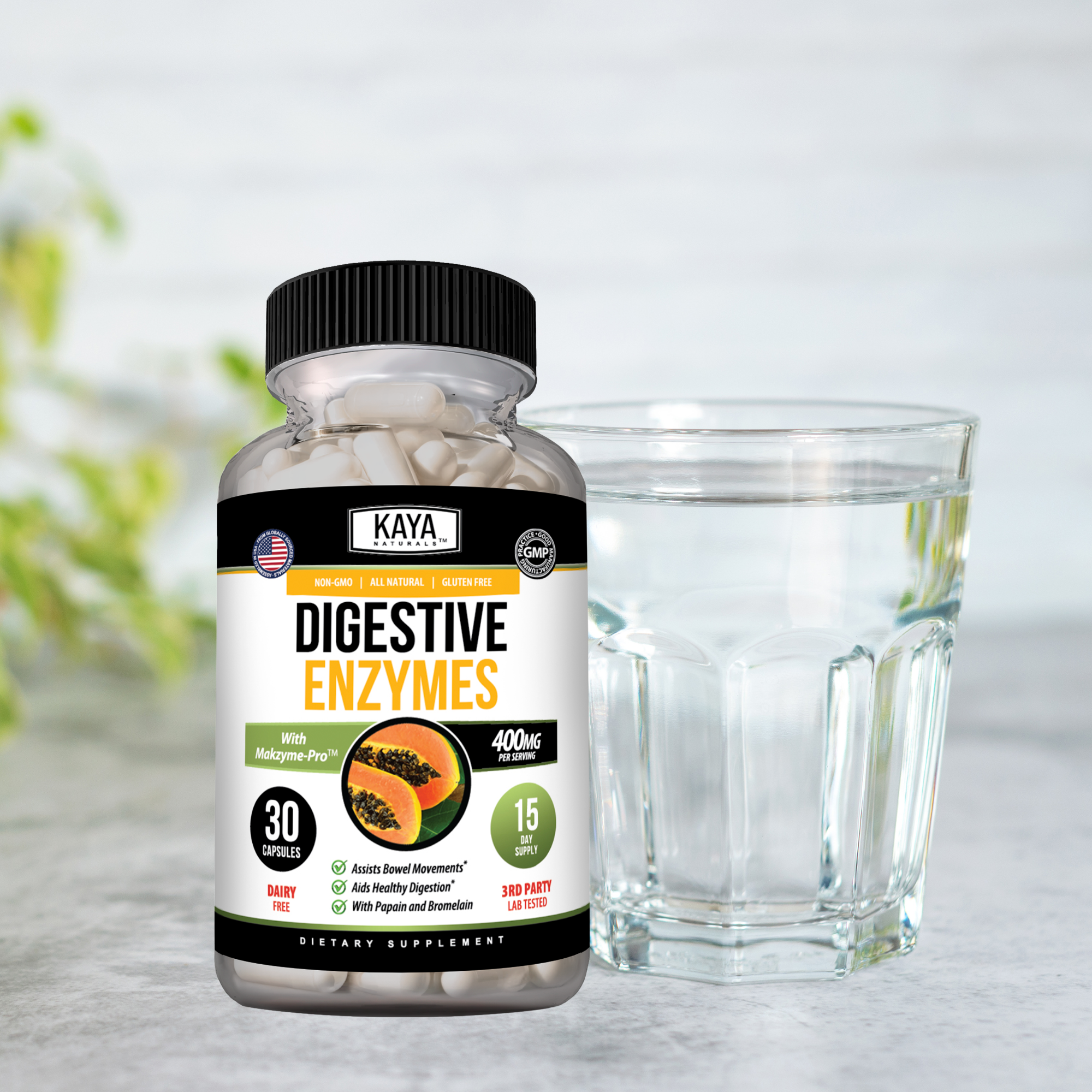 Bottle of Kaya Naturals Digestive Enzymes supplement with label showing 30 capsules on a white background.