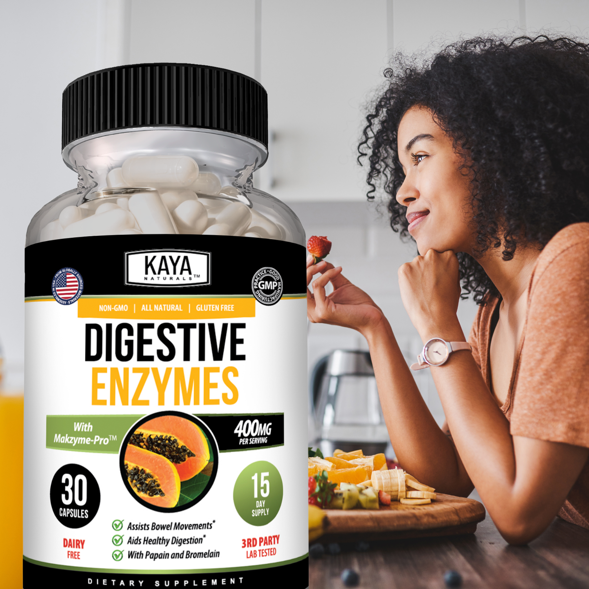 Bottle of Kaya Naturals Digestive Enzymes supplement with 30 capsules in clear container with label.