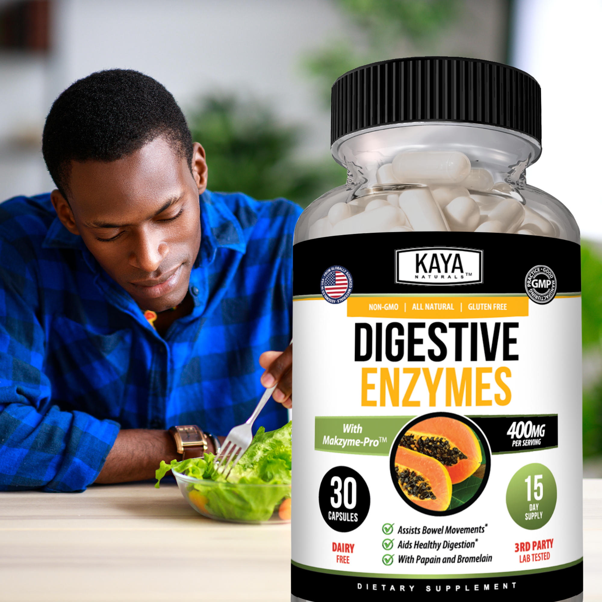Bottle of Kaya Naturals Digestive Enzymes supplement with label showing 30 capsules on a white background.