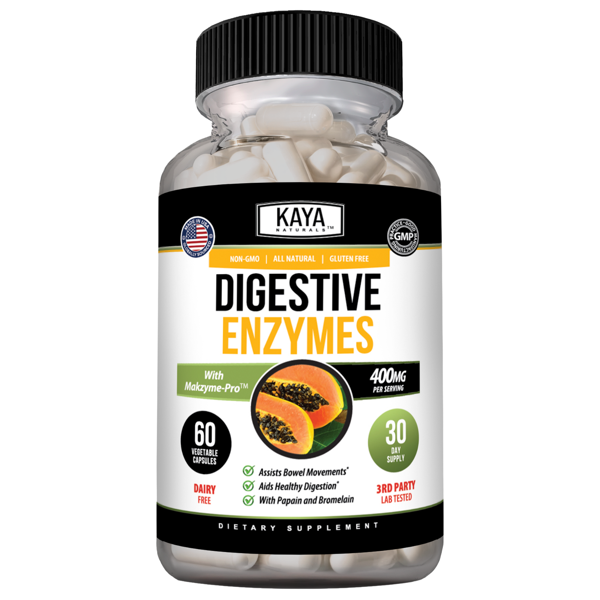 Bottle of Kaya Naturals Digestive Enzymes supplement with 30 capsules, featuring natural ingredients for digestive support.