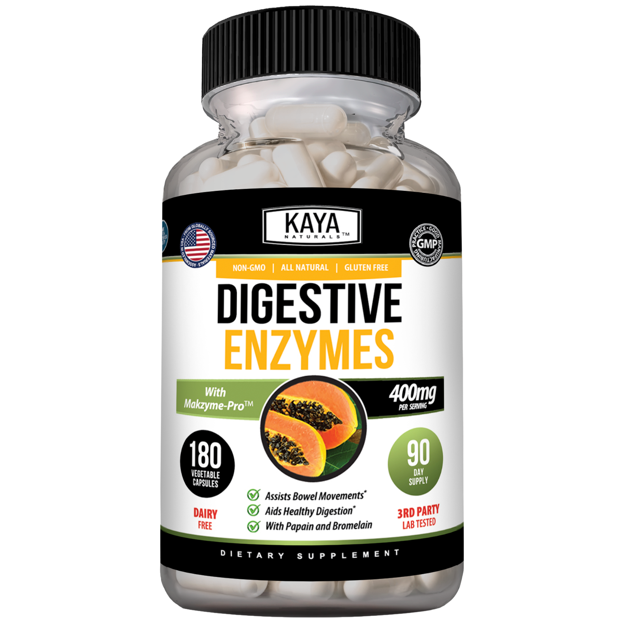 Bottle of Kaya Naturals Digestive Enzymes supplement with 30 capsules, featuring natural digestive aid ingredients.