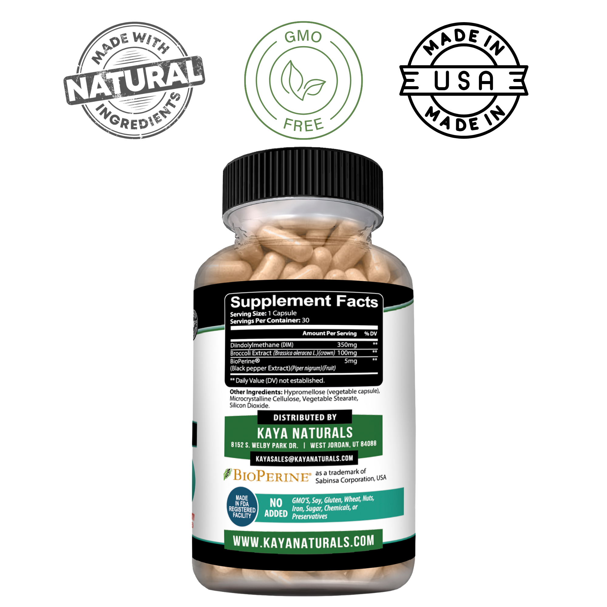 Kaya Naturals DIM Hormonal Balance Support supplement bottle with capsules and label showing product details.