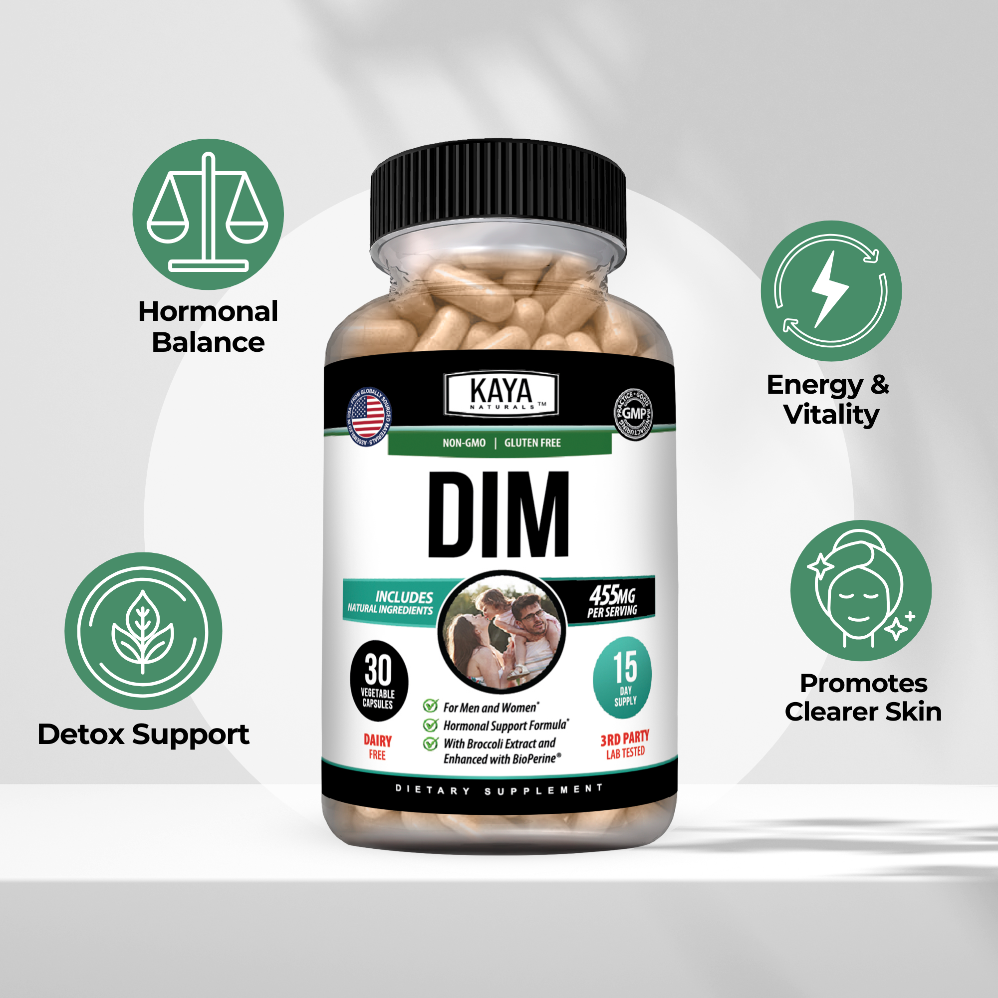 Kaya Naturals DIM hormone balance support supplement bottle with supplement tablets inside.