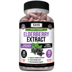 Bottle of Kaya Naturals Elderberry Extract supplement with a label showing elderberry imagery and product details.
