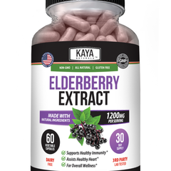 Bottle of Kaya Naturals Elderberry Extract supplement with label showing elderberry imagery and product details.