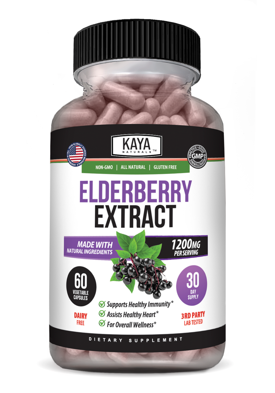Bottle of Kaya Naturals Elderberry Extract supplement with label showing elderberry imagery and product details.