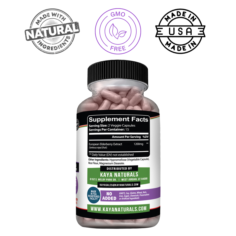 Bottle of Kaya Naturals Elderberry Extract supplement with label visible on white background.