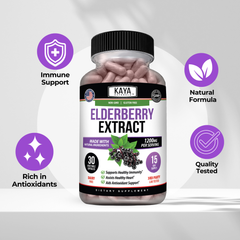 Bottle of Kaya Naturals Elderberry Extract showing the label and dropper cap on a white background.