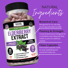 Kaya Naturals Elderberry Extract bottle, dietary supplement with dark liquid in a clear glass bottle on a white background