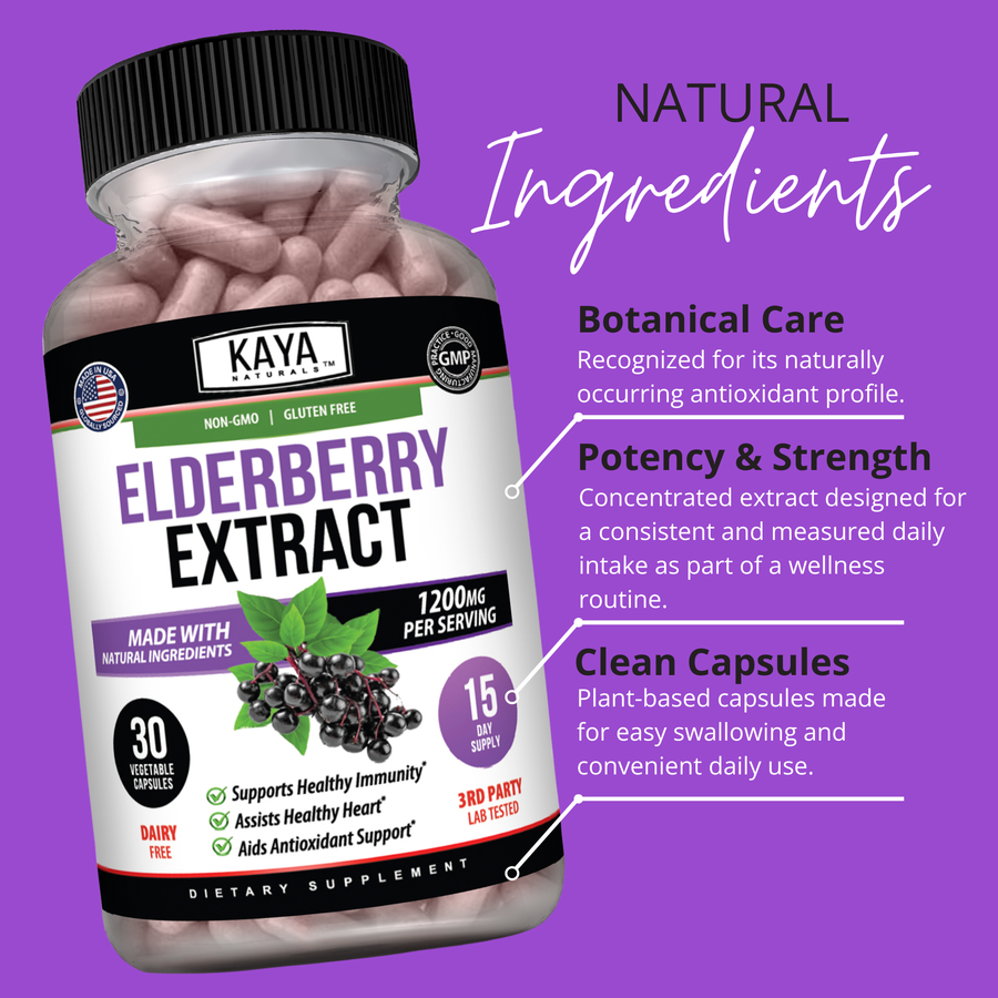 Kaya Naturals Elderberry Extract bottle, dietary supplement with dark liquid in a clear glass bottle on a white background