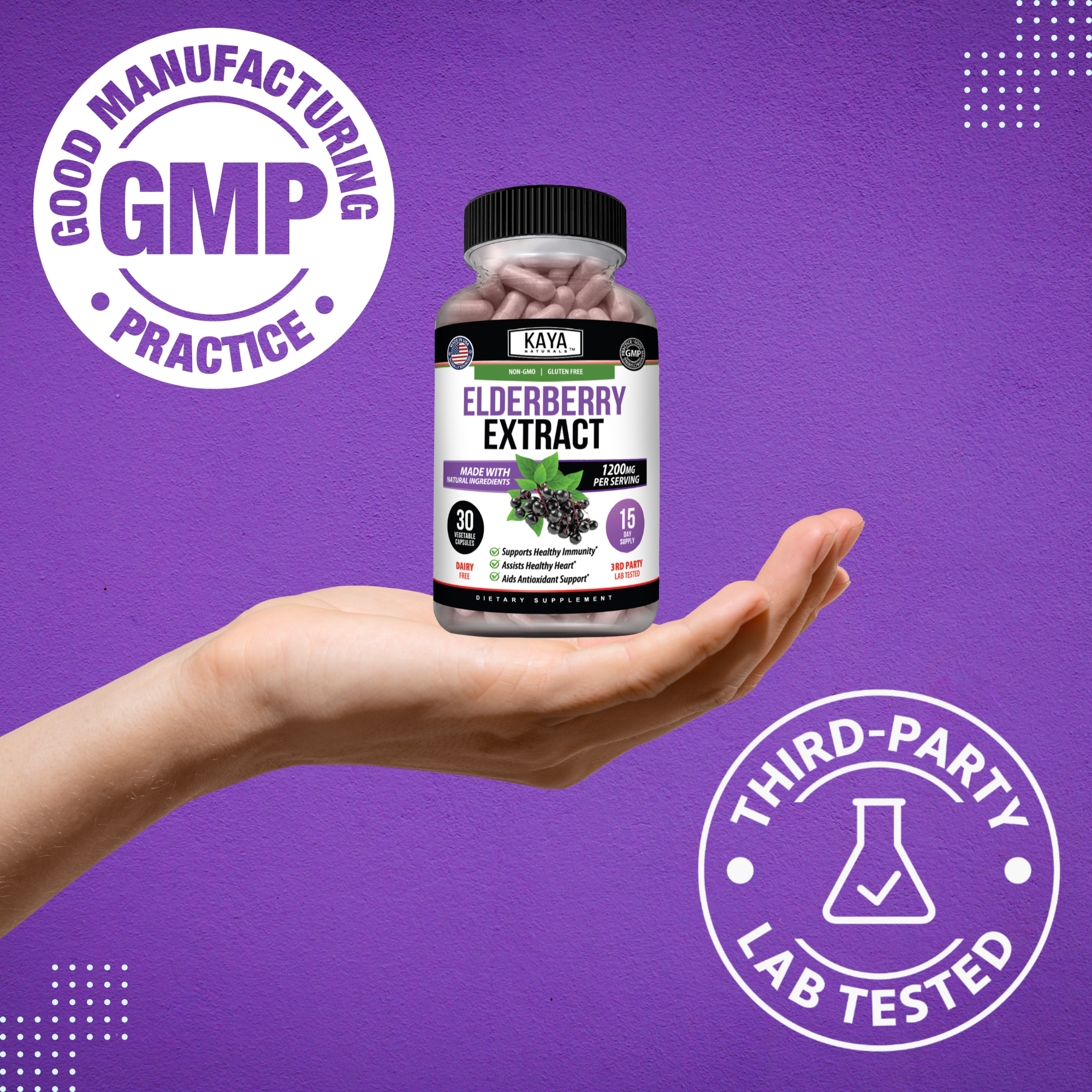 Bottle of Kaya Naturals Elderberry Extract showing the label and dropper cap, used for immune support and natural health.