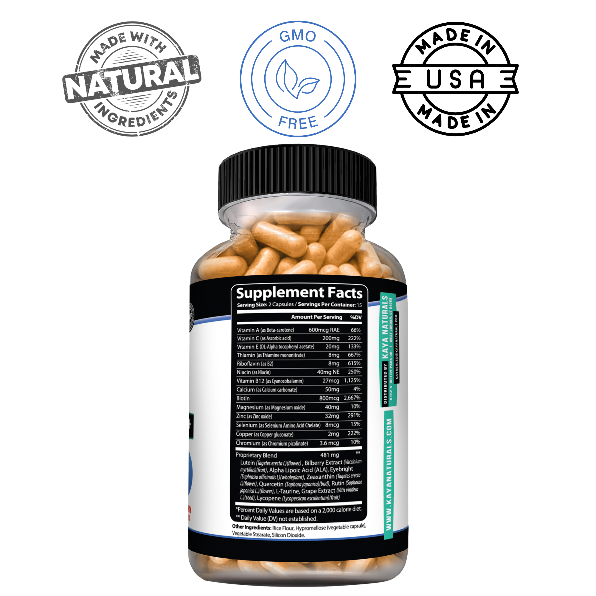 Bottle of Kaya Naturals Eye Support Formula supplement with herbal capsules for eye health and natural vision support.
