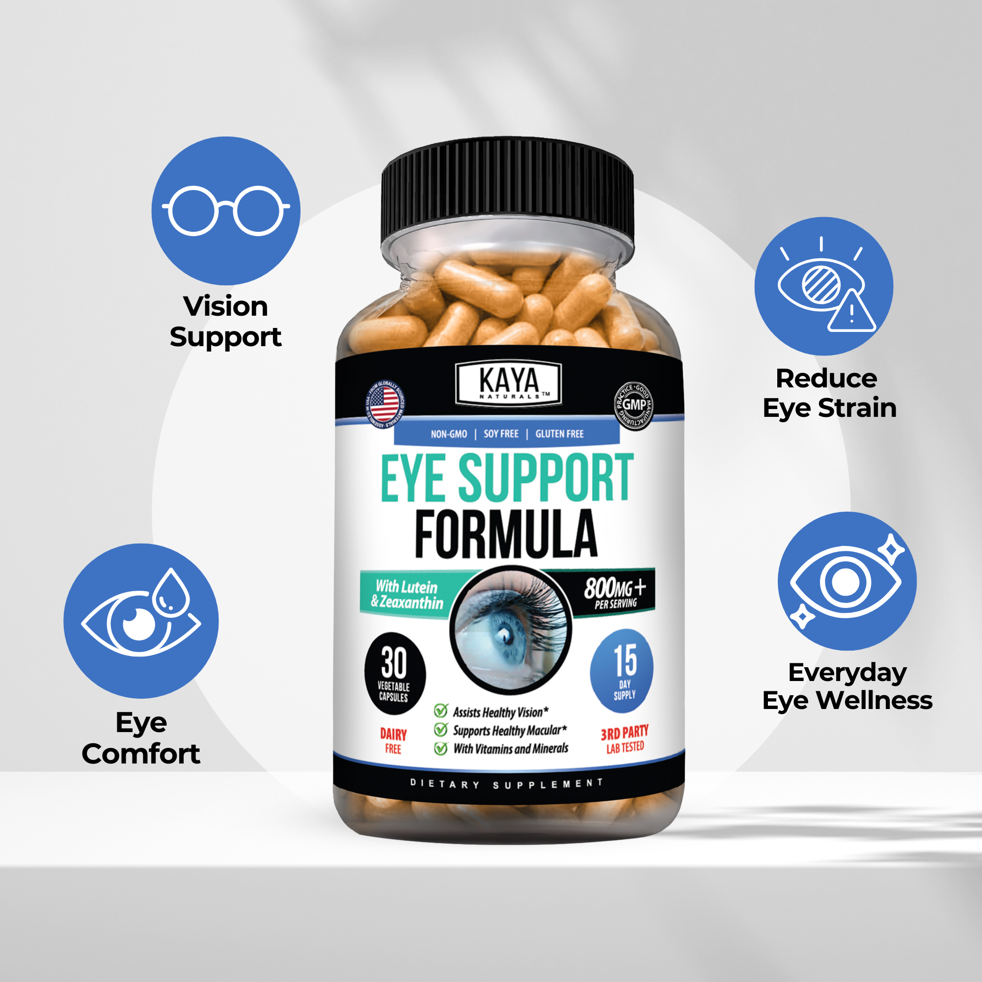Bottle of Kaya Naturals Eye Support Formula supplement with white label and blue cap, designed to promote eye health.