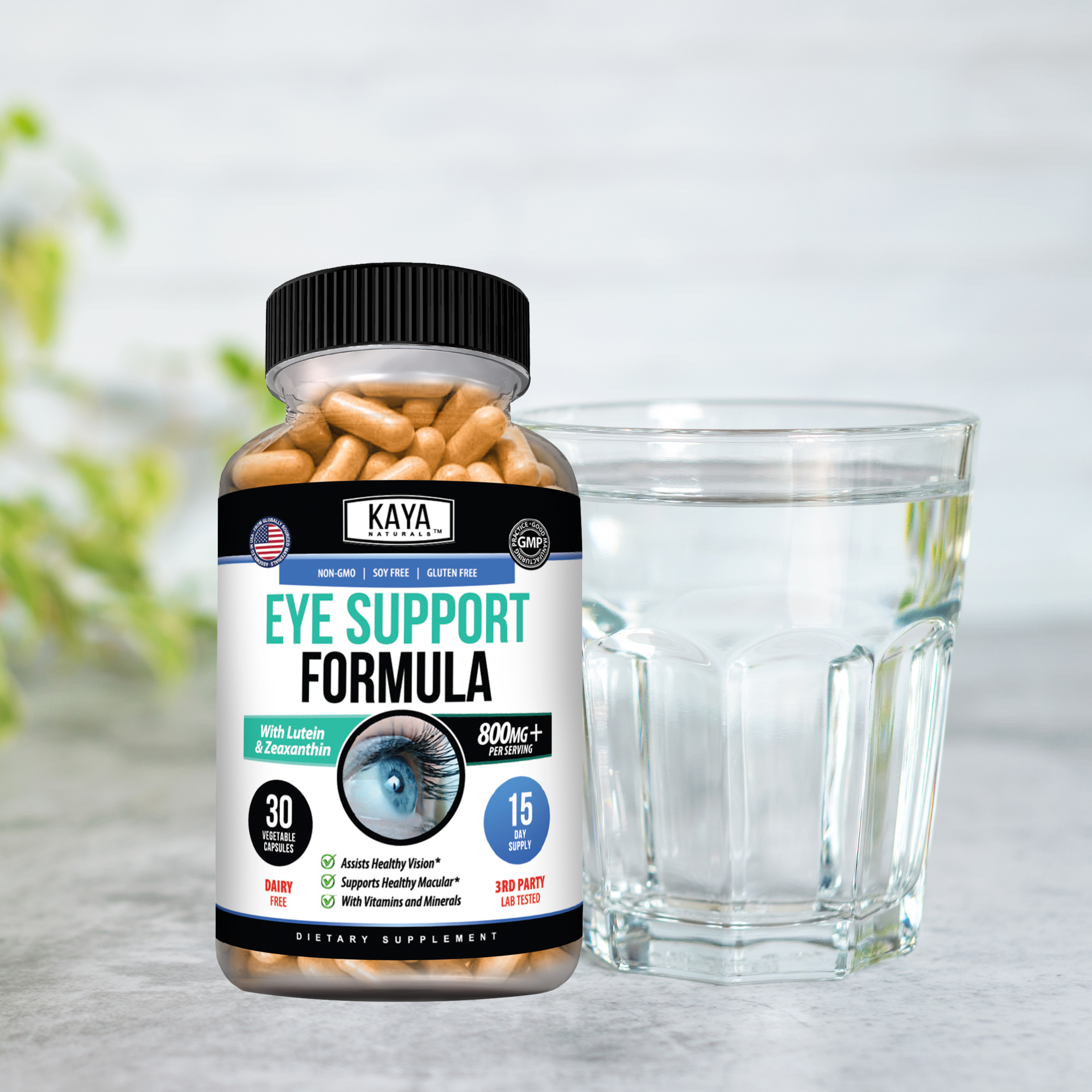 Kaya Naturals Eye Support Formula supplement bottle with capsules for eye health and natural vision support.