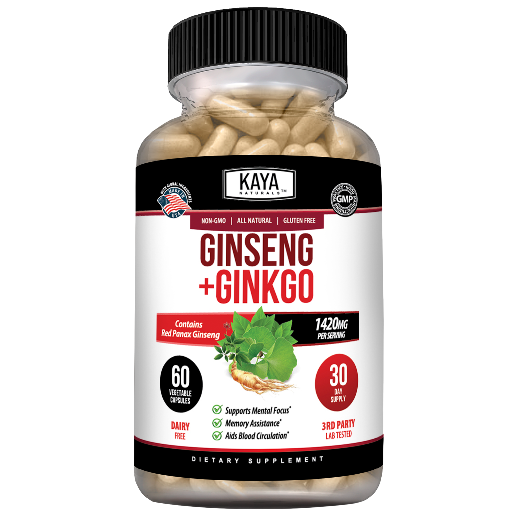Bottle of Kaya Naturals Ginseng + Ginkgo supplement with capsules in clear container, showcasing herbal supplement packaging.
