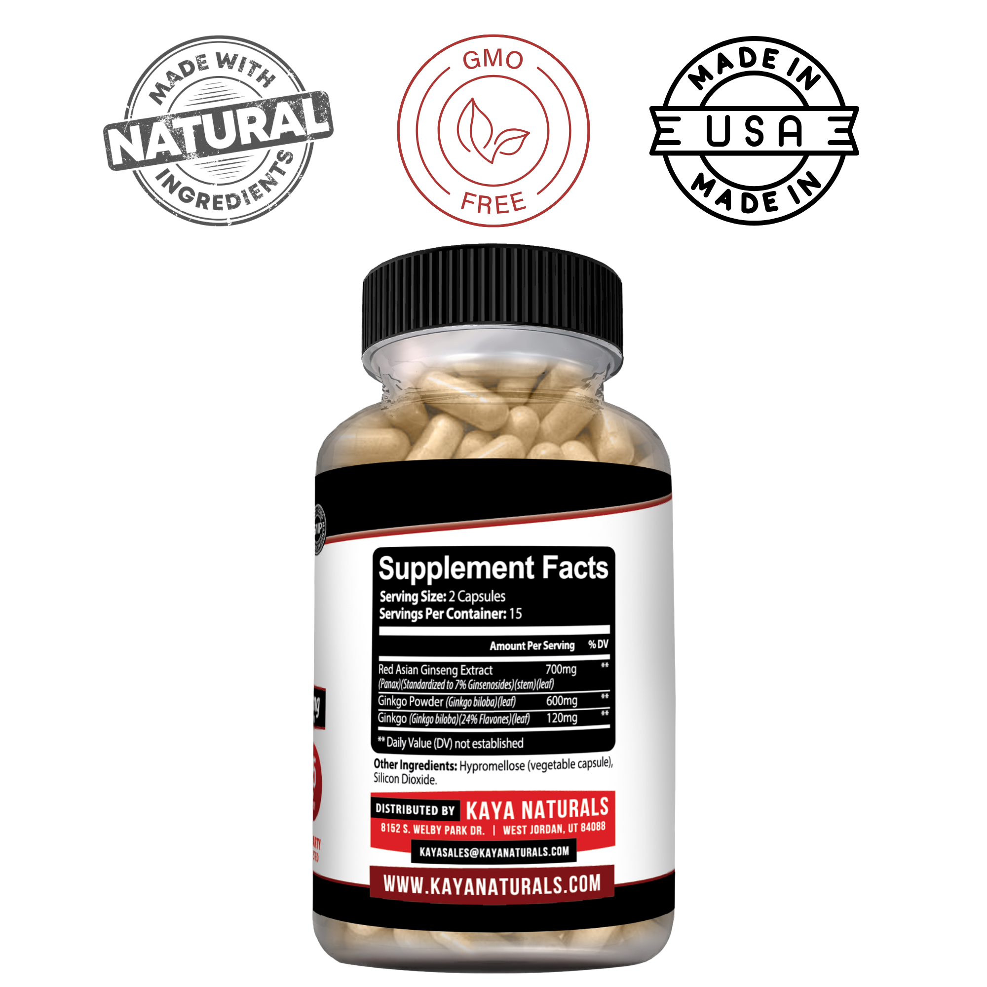 Kaya Naturals Ginseng and Ginkgo supplement in a green bottle with capsules inside, highlighting natural herbal ingredients.