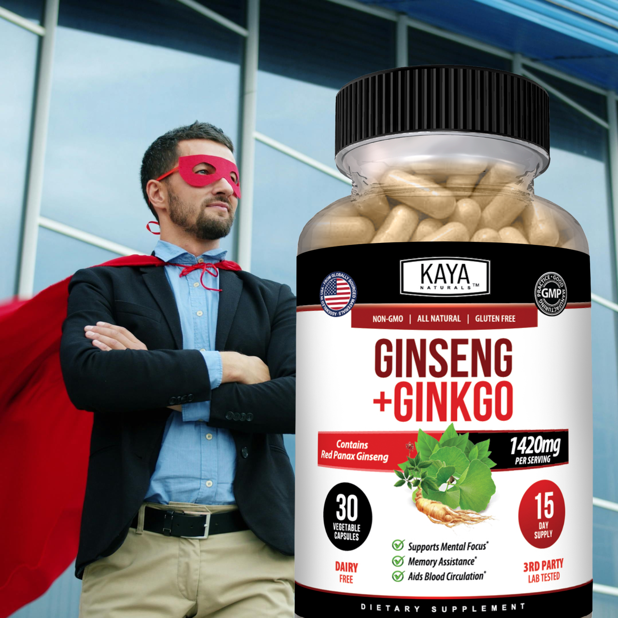 Bottle of Kaya Naturals Ginseng and Ginkgo supplement with capsules in a clear container.