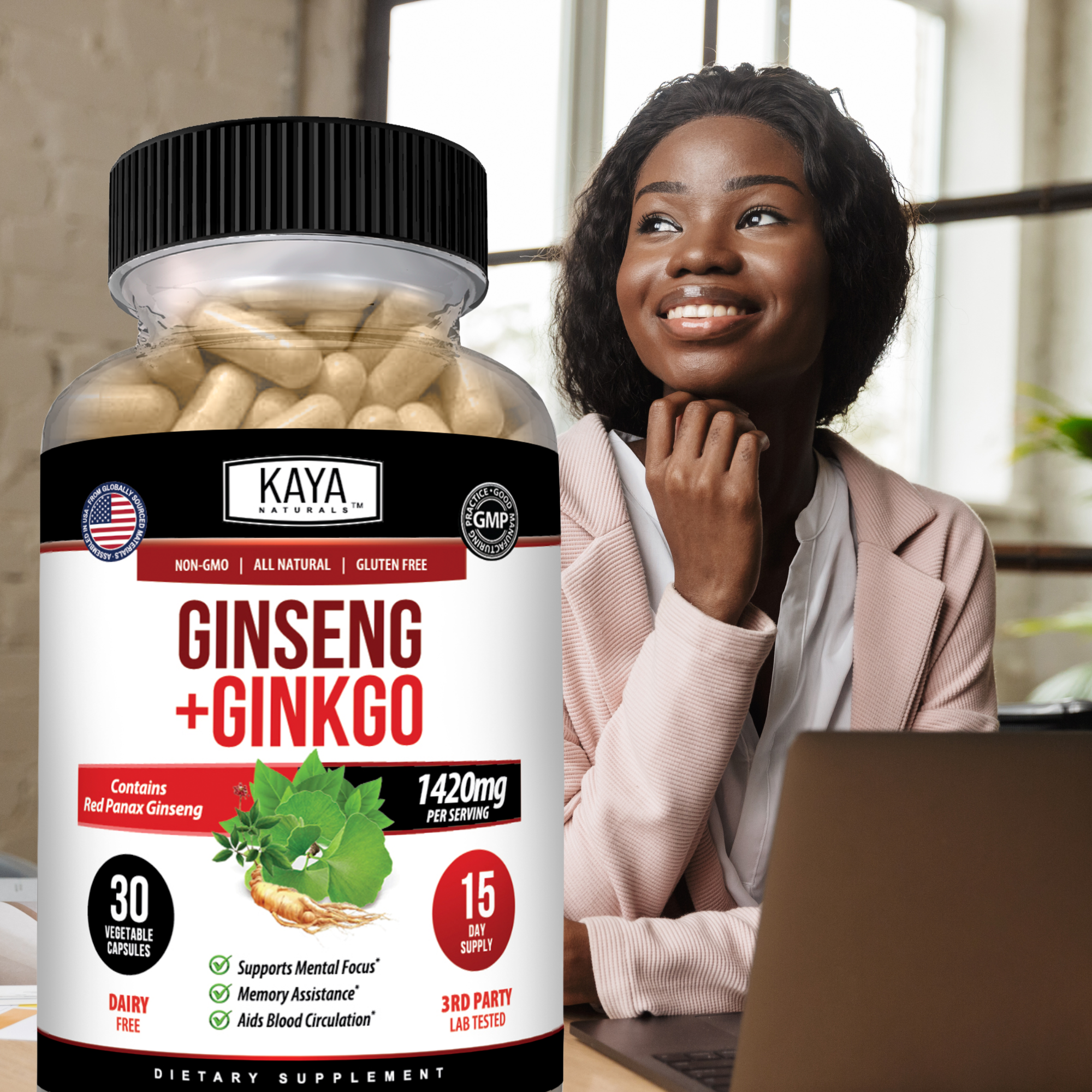 Bottle of Kaya Naturals Ginseng and Ginkgo supplement with fresh ginseng and ginkgo leaves in the background.