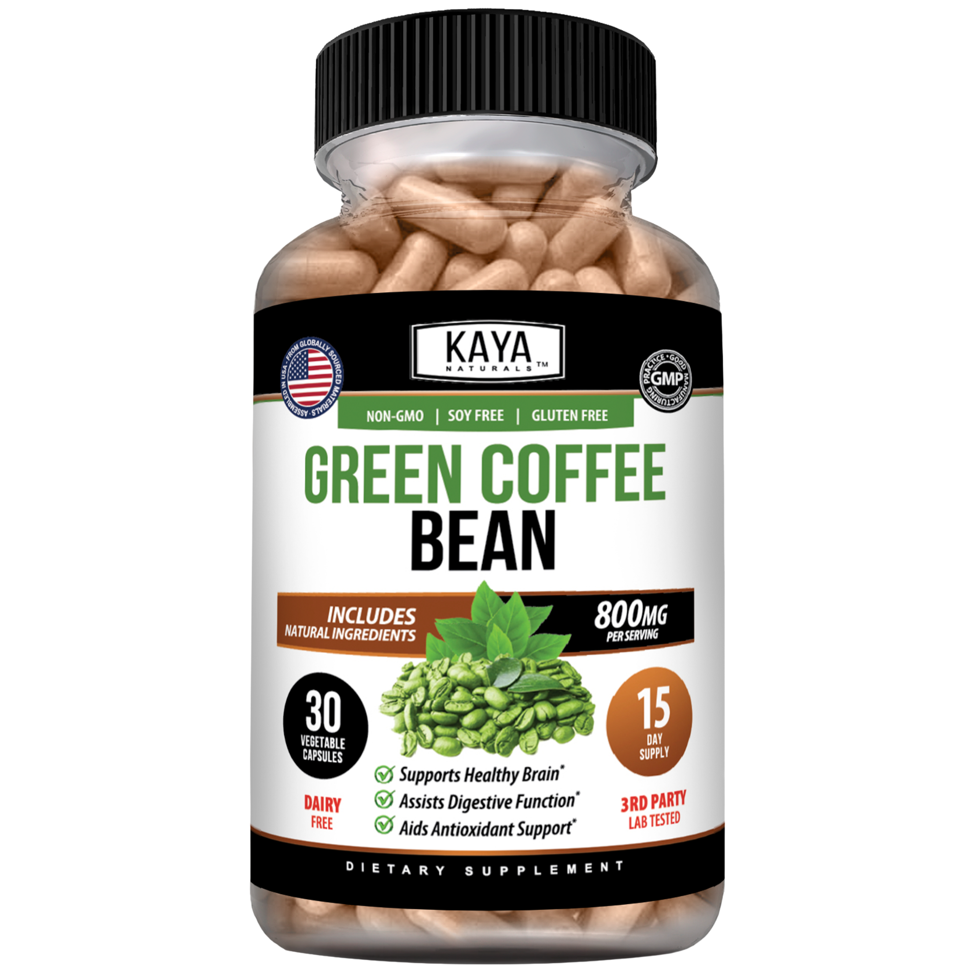 Green coffee bean from Kaya Naturals, showing fresh, unroasted coffee beans with vibrant green color and natural texture.