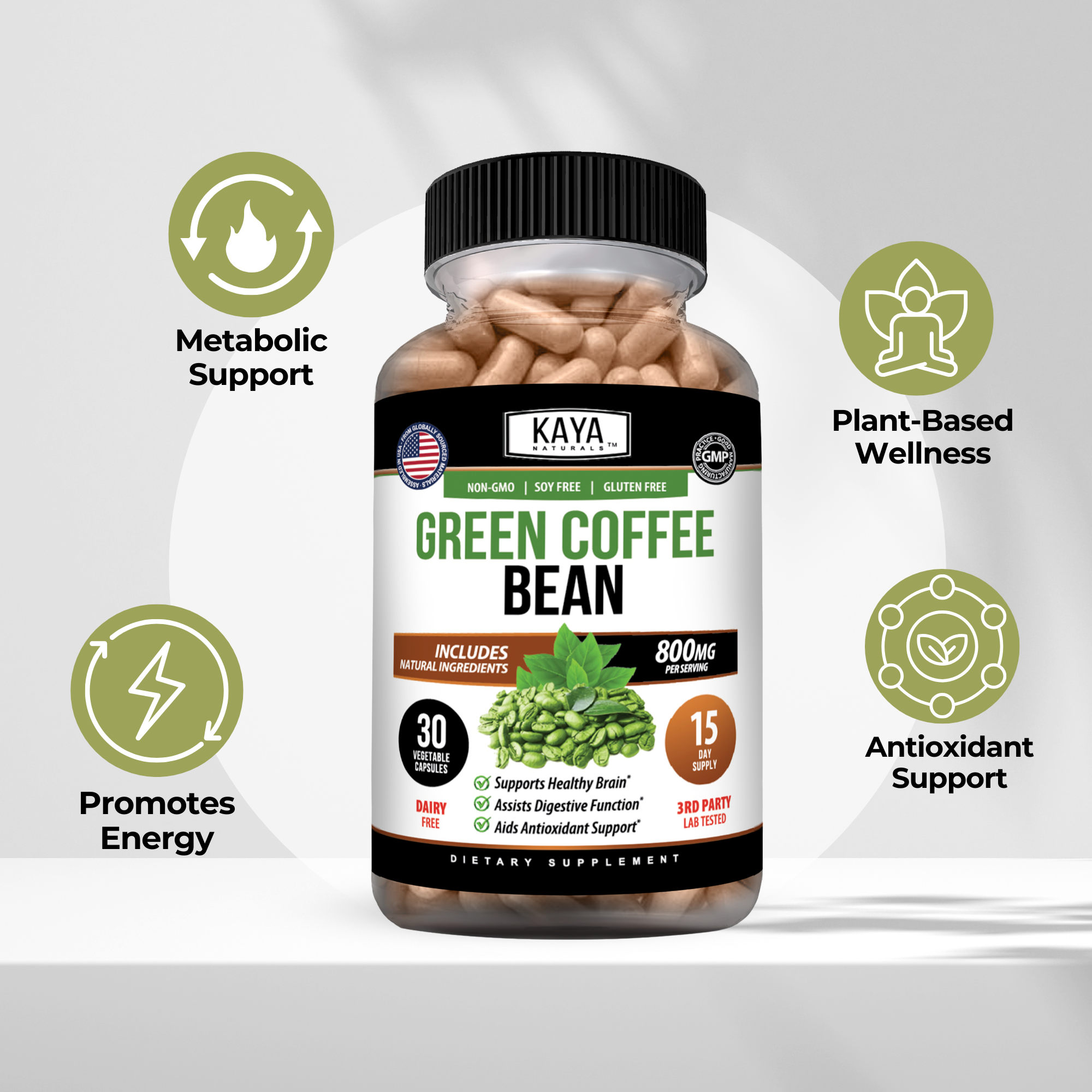 Green coffee beans from Kaya Naturals, fresh and whole, shown in a close-up image highlighting their natural green color and texture.