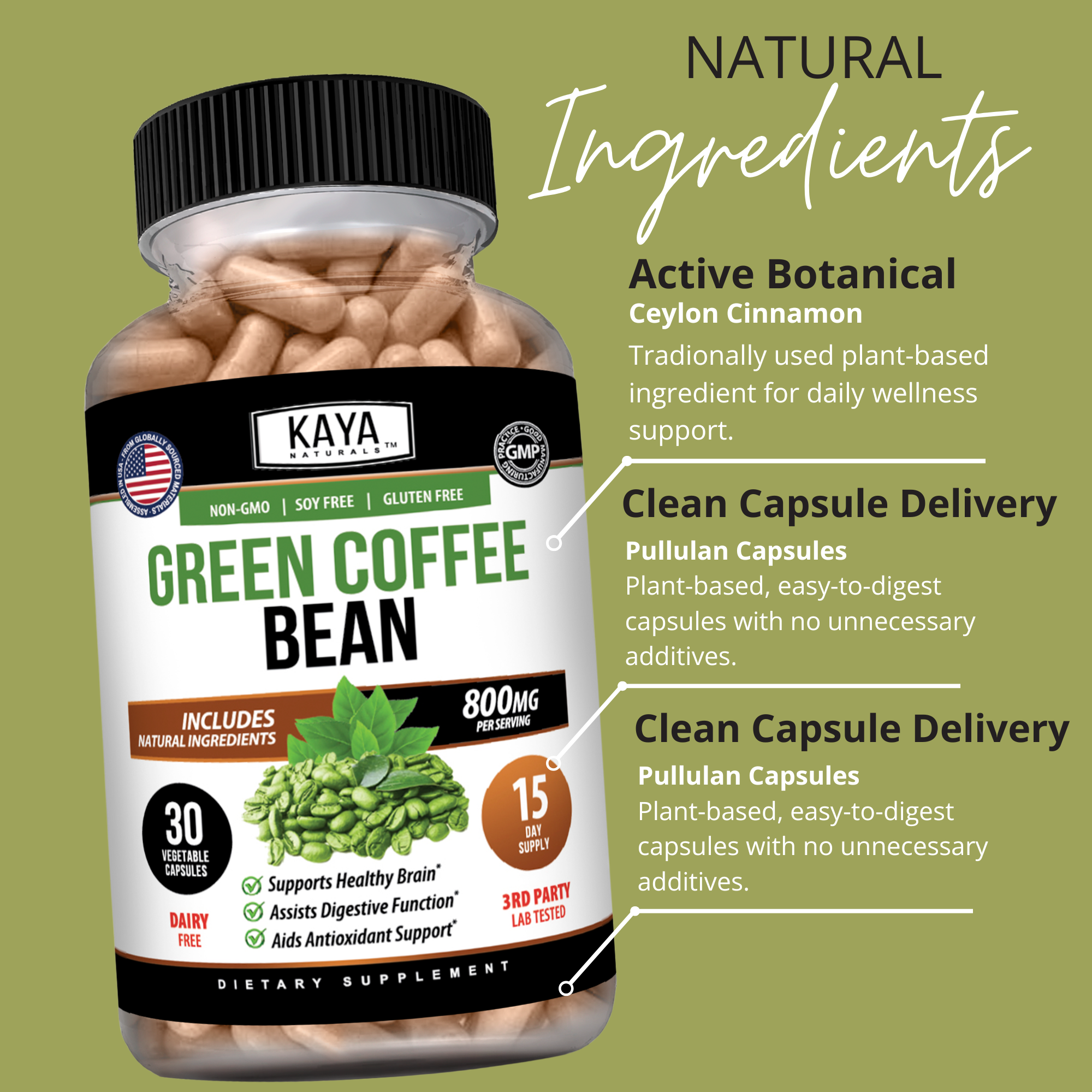 Green coffee beans from Kaya Naturals, fresh and whole, with vibrant green color, ideal for healthy coffee or supplements.