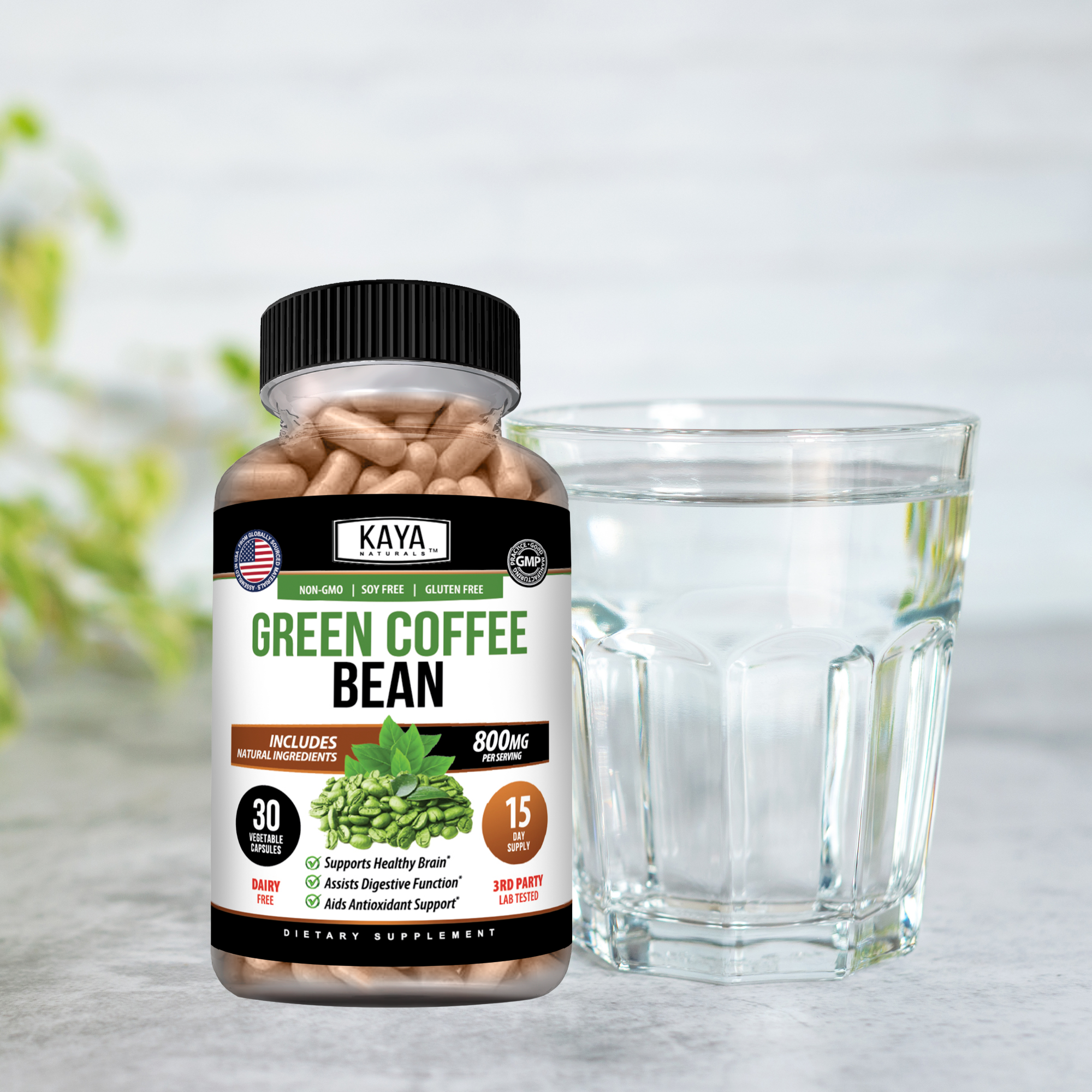 Green coffee beans from Kaya Naturals, fresh and unroasted, showing a close-up of the natural green beans in a pile.
