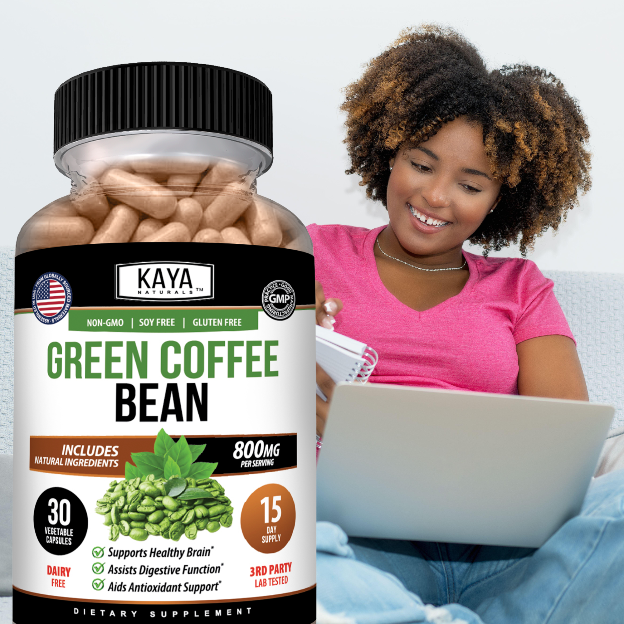 Green coffee bean from Kaya Naturals, close-up view showing fresh, raw coffee beans with vibrant green color.