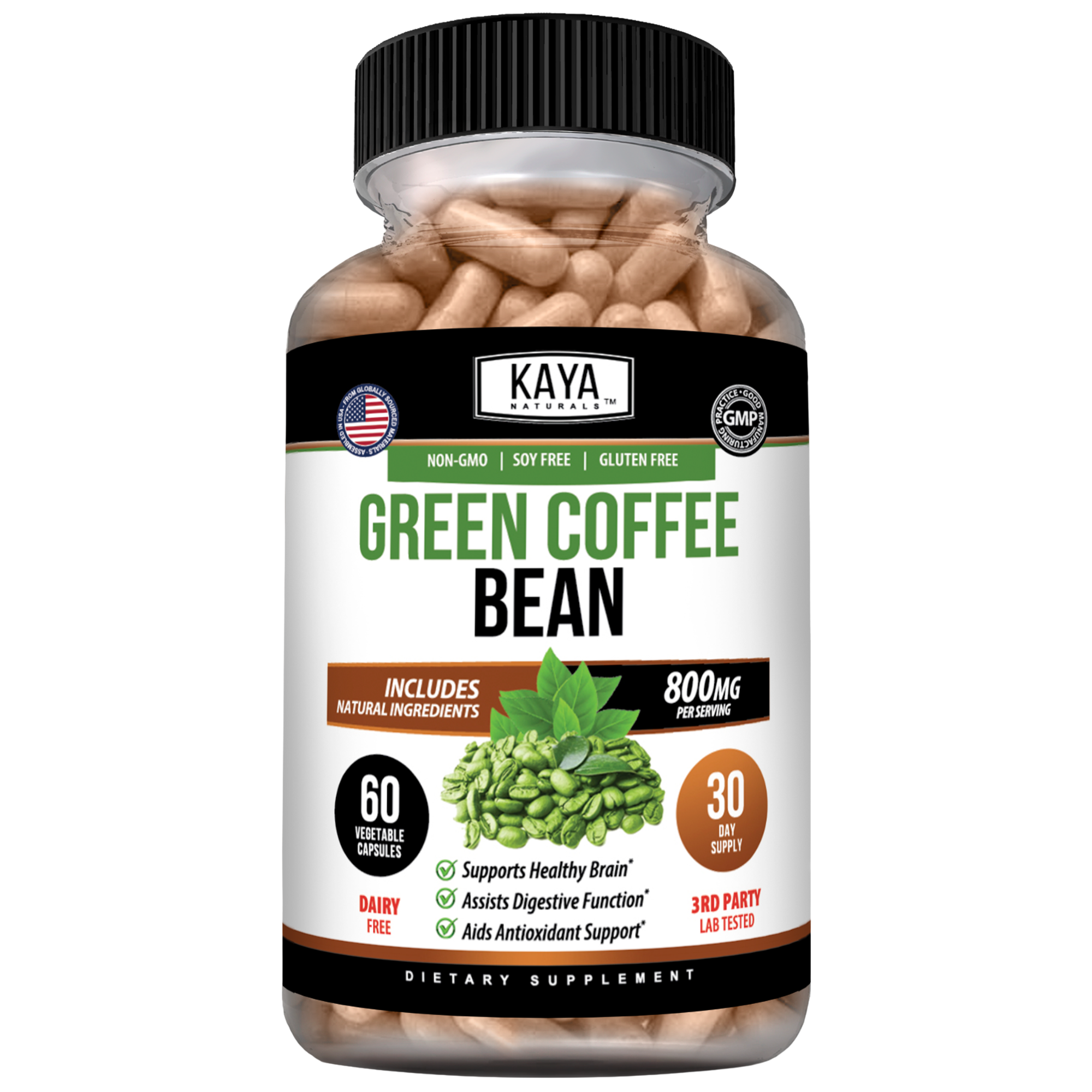 Green coffee beans from Kaya Naturals, fresh and whole, used for brewing or health supplements.