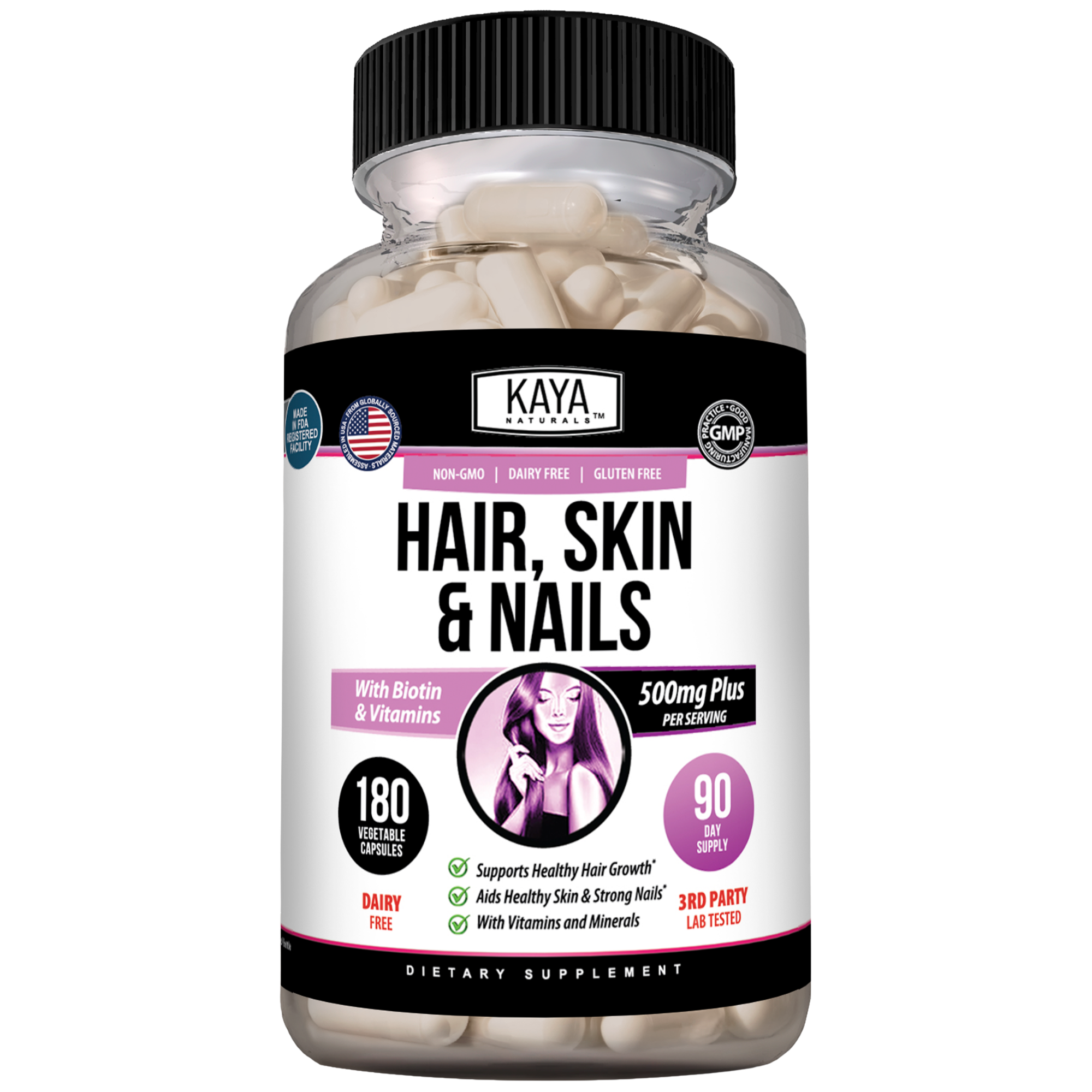 Kaya Naturals Hair Skin & Nails supplement bottle with capsules, showcasing the product packaging and branding.