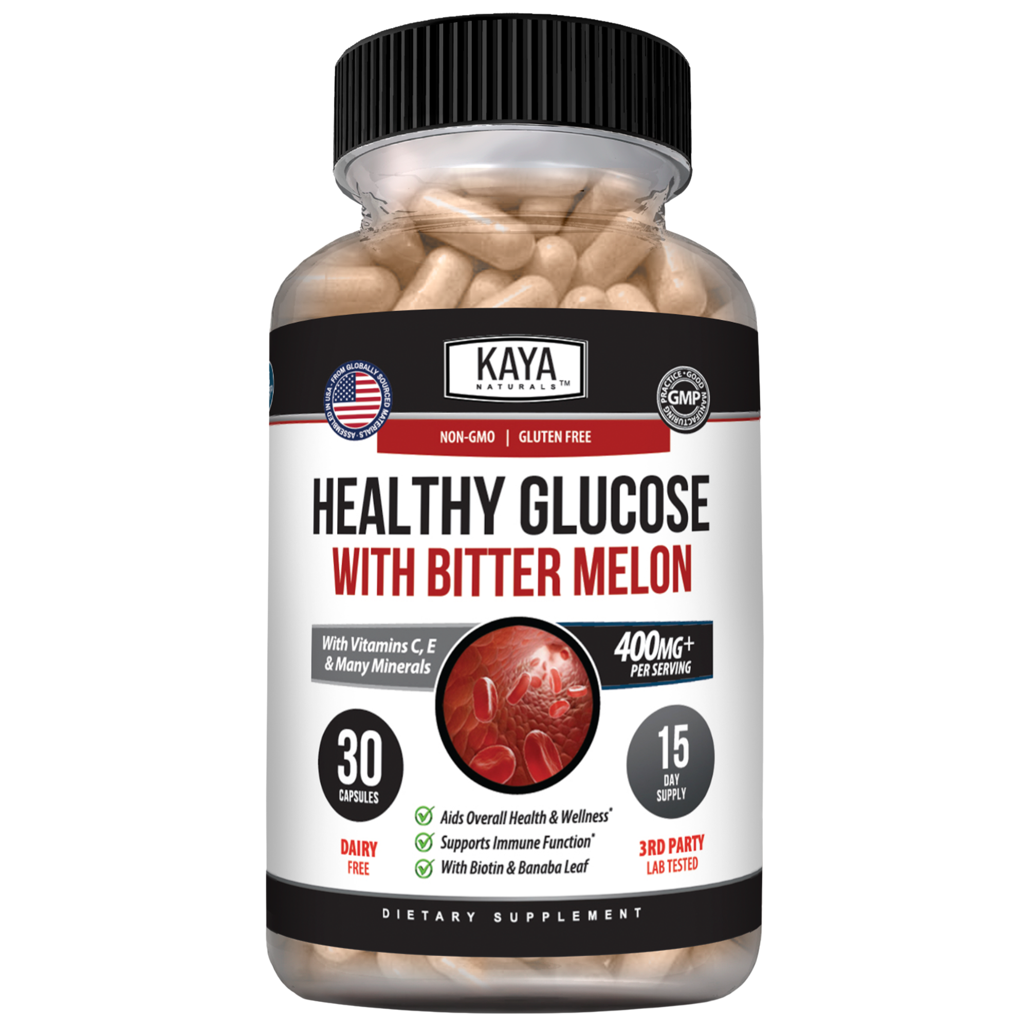 Bottle of Kaya Naturals Healthy Glucose Support supplement with label and capsules in a clear container.
