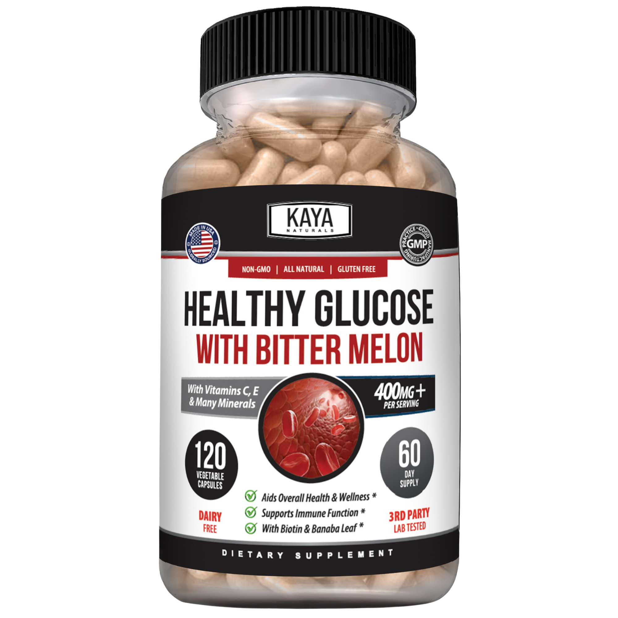 Bottle of Kaya Naturals Healthy Glucose Support supplement with label and capsules visible.