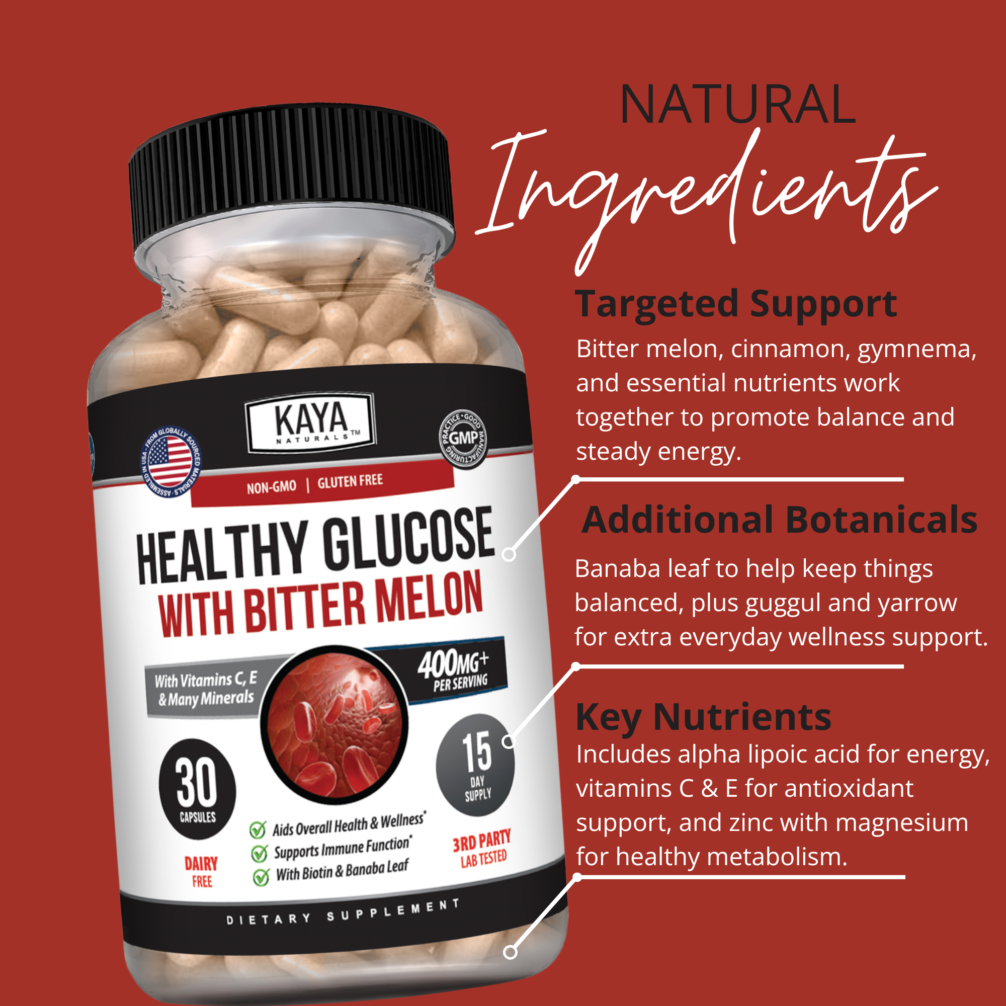 Bottle of Kaya Naturals Healthy Glucose Support supplement with label showing product name and natural ingredients.