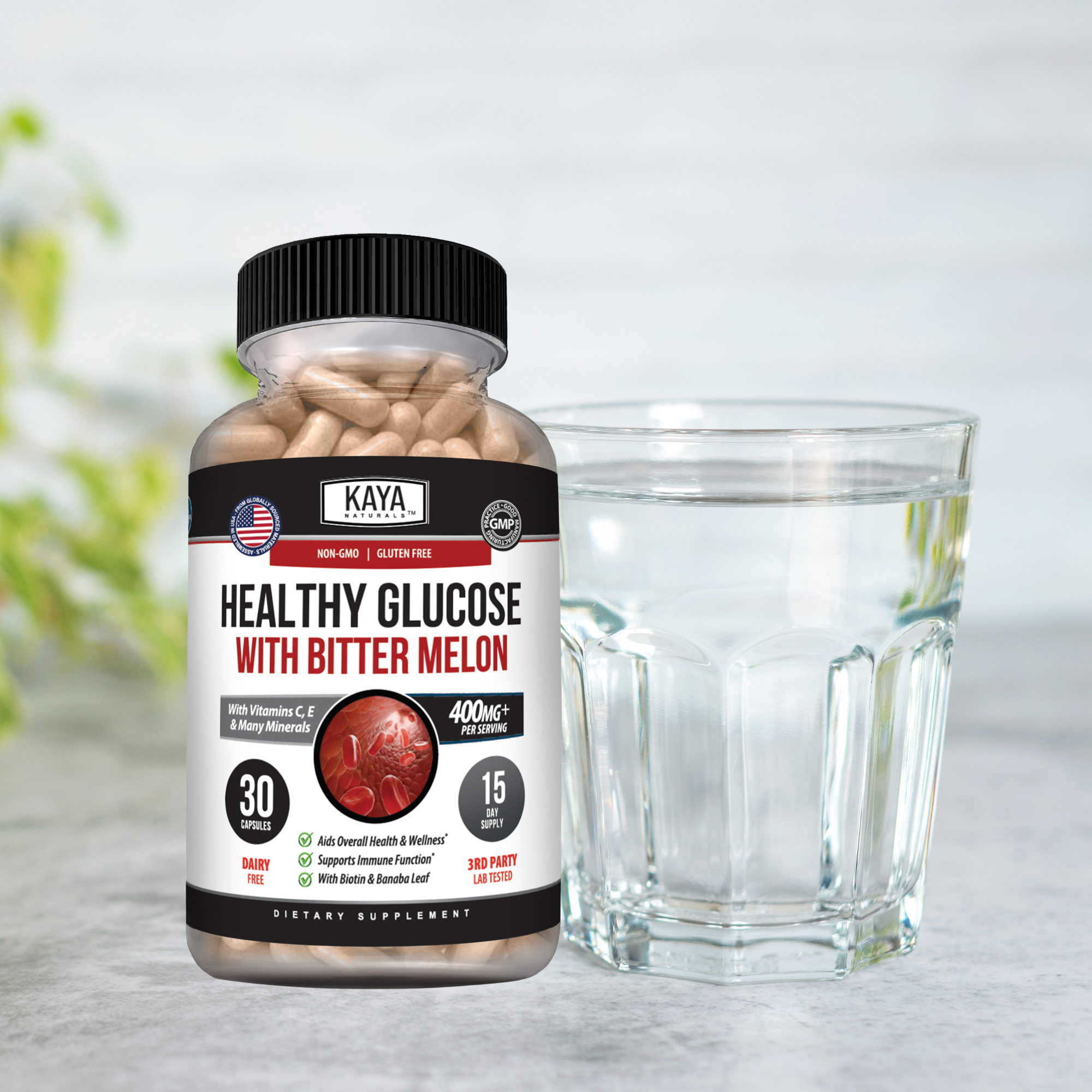 Bottle of Kaya Naturals Healthy Glucose Support supplement with label showing natural ingredients and dosage information.