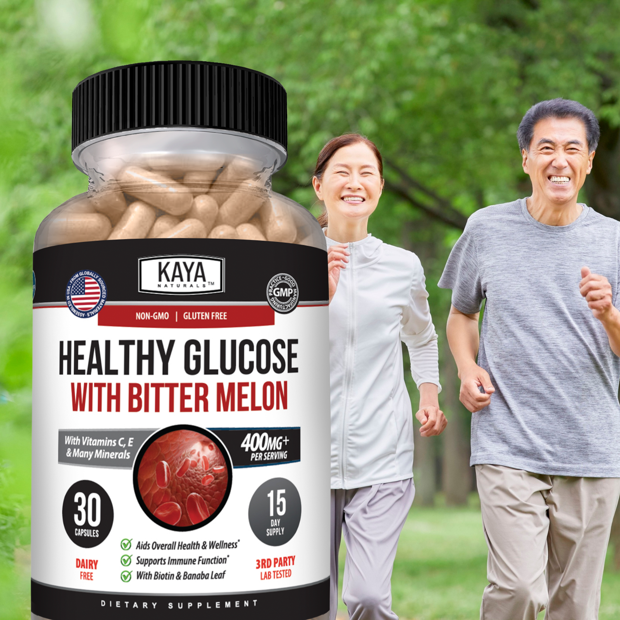 Kaya Naturals Healthy Glucose Support supplement in a bottle with capsules, designed to promote balanced blood sugar levels.