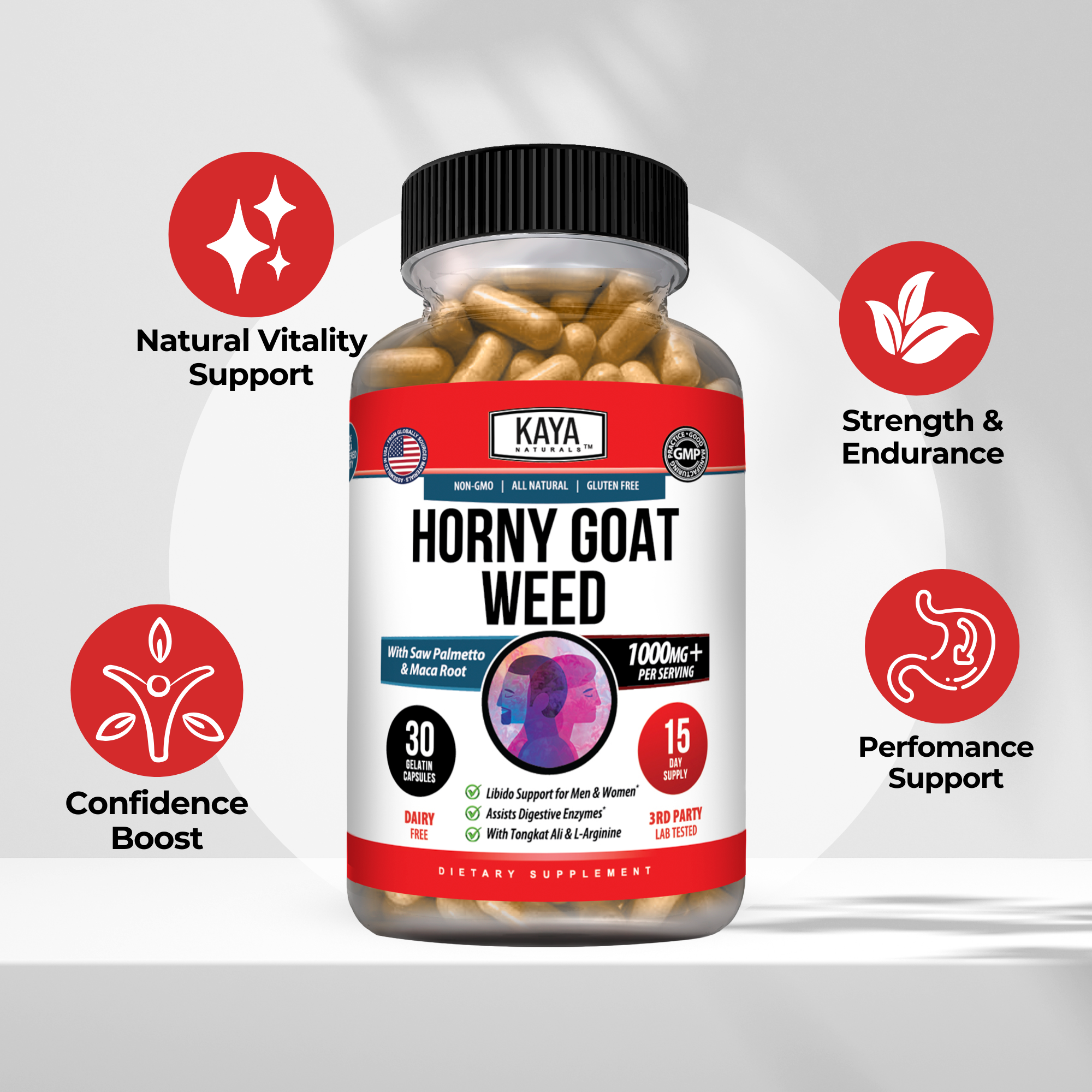Kaya Naturals Horny Goat Weed supplement bottle, with label showing herbal capsules and product branding.
