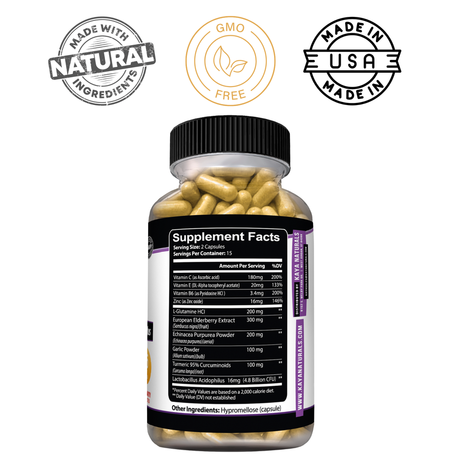 Kaya Naturals Immune Support supplement bottle with labels and capsules, promoting immune health naturally.