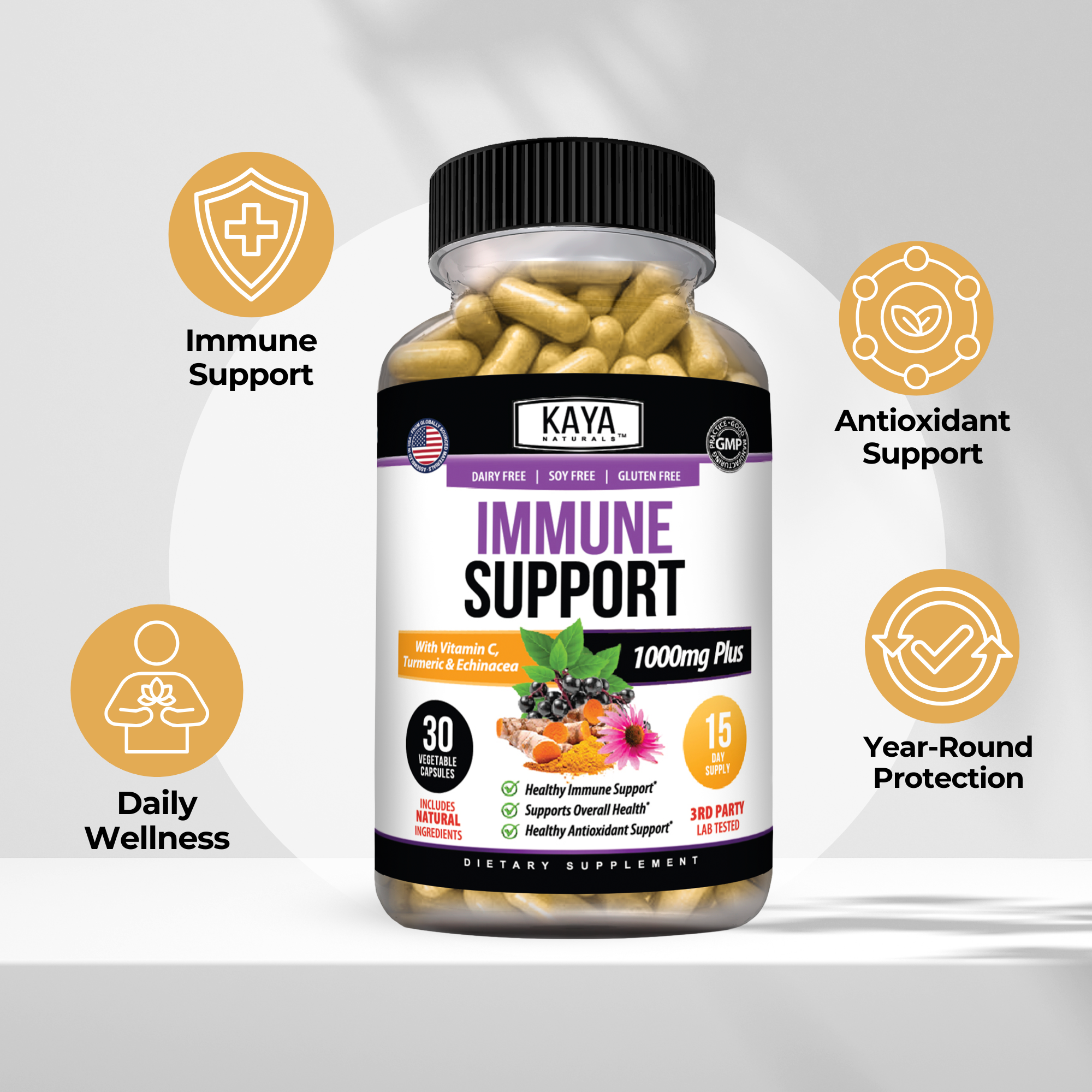 Kaya Naturals Immune Support supplement bottle with capsules, featuring natural ingredients for immune health.