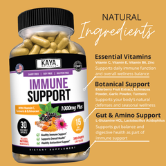 Kaya Naturals Immune Support supplement bottle with capsules and natural ingredients on a white background.