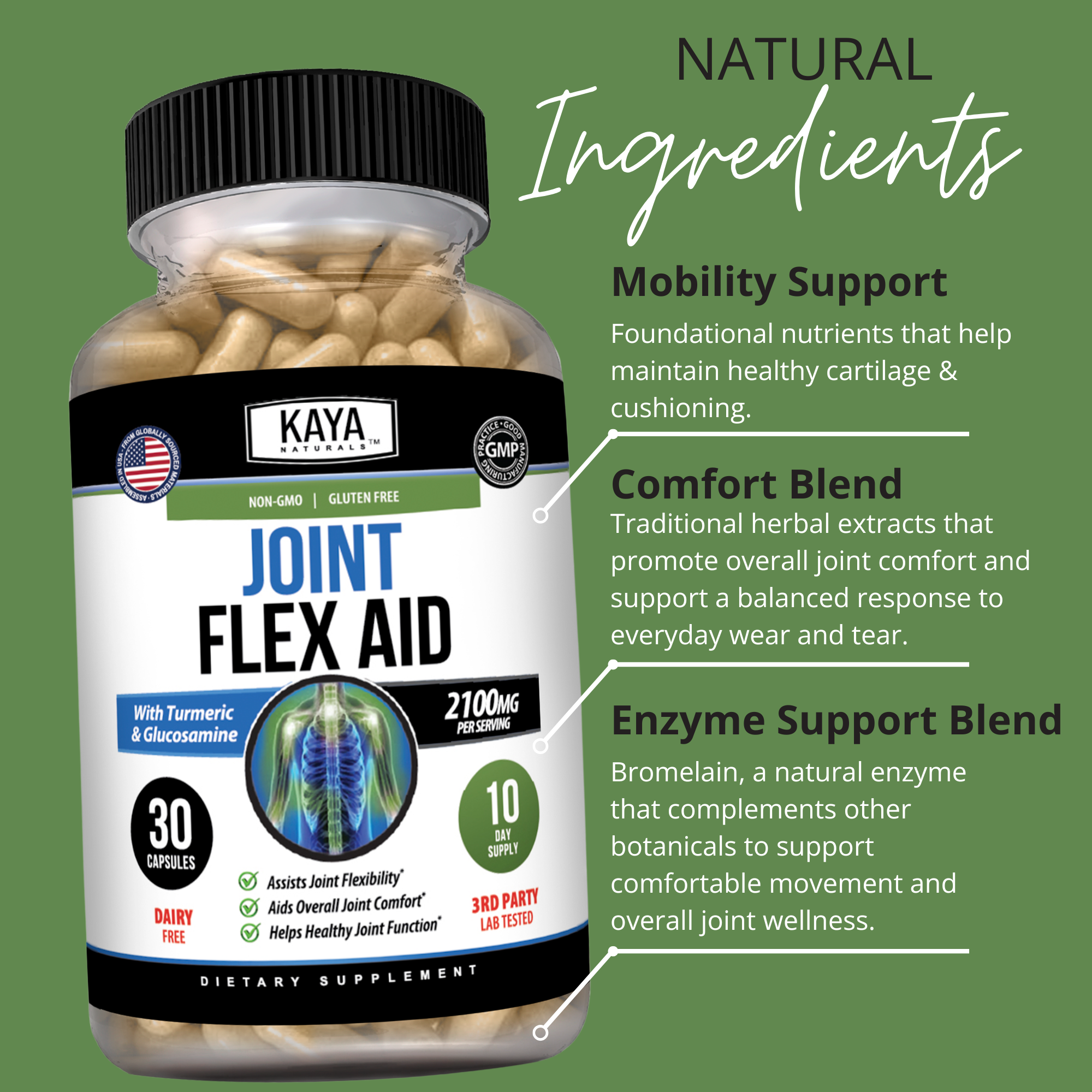 Kaya Naturals Joint Flex Aid supplement bottle showing label with product name and natural ingredients for joint support.