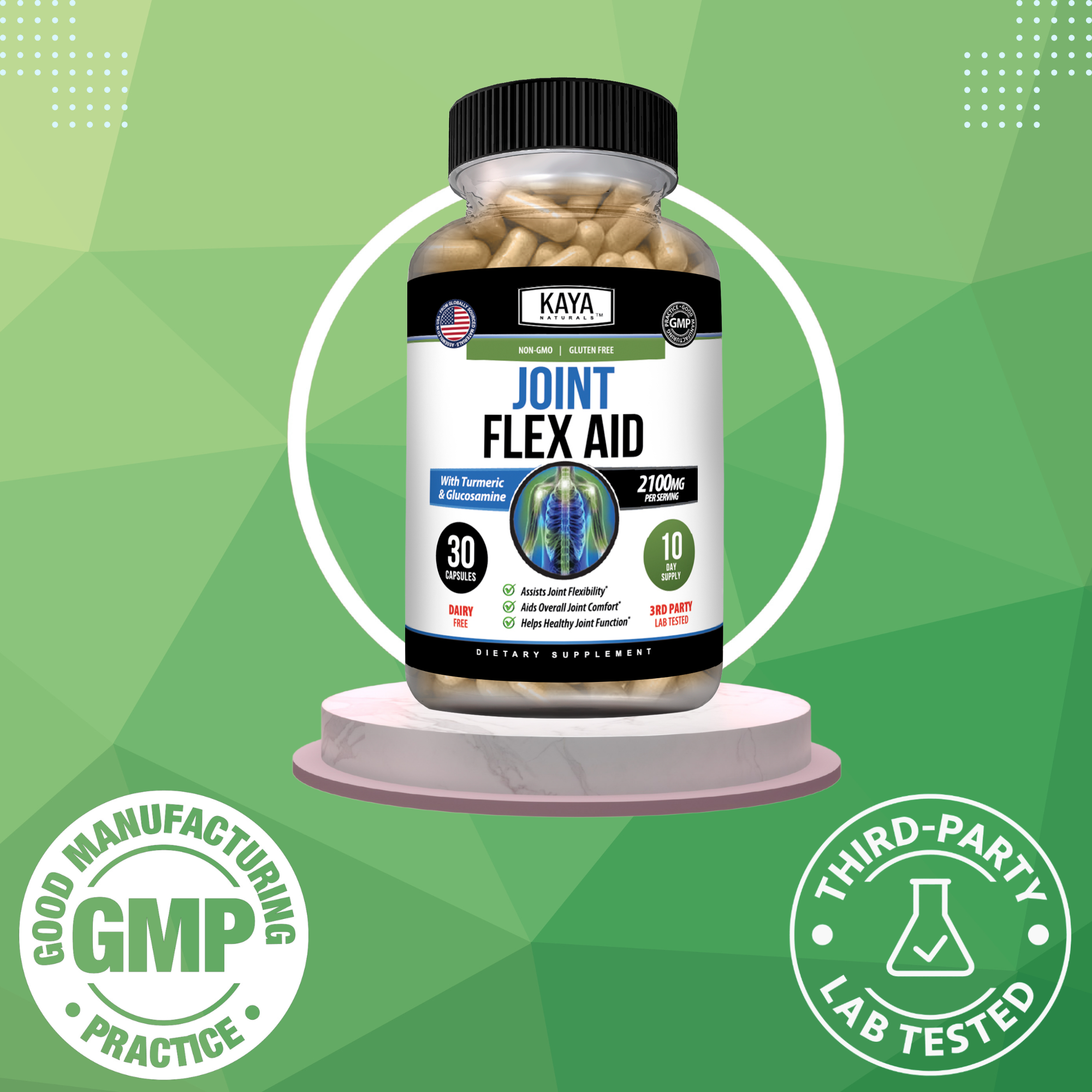 Kaya Naturals Joint Flex Aid supplement bottle with label showing natural ingredients and product name, designed for joint support.