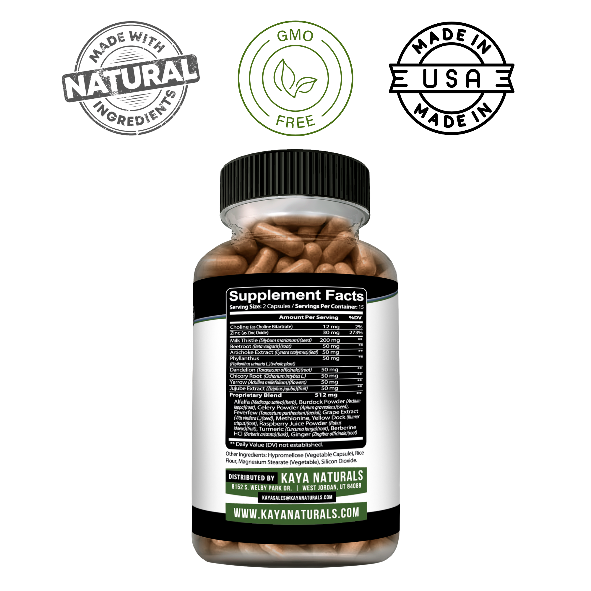 Bottle of Kaya Naturals Liver Support supplement with label showing herbal ingredients and dosage information.