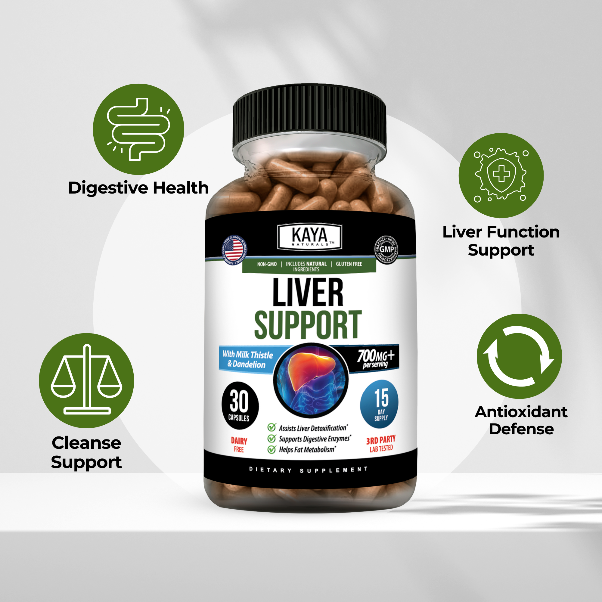Kaya Naturals Liver Support supplement bottle, featuring herbal ingredients for liver health, on a plain background.