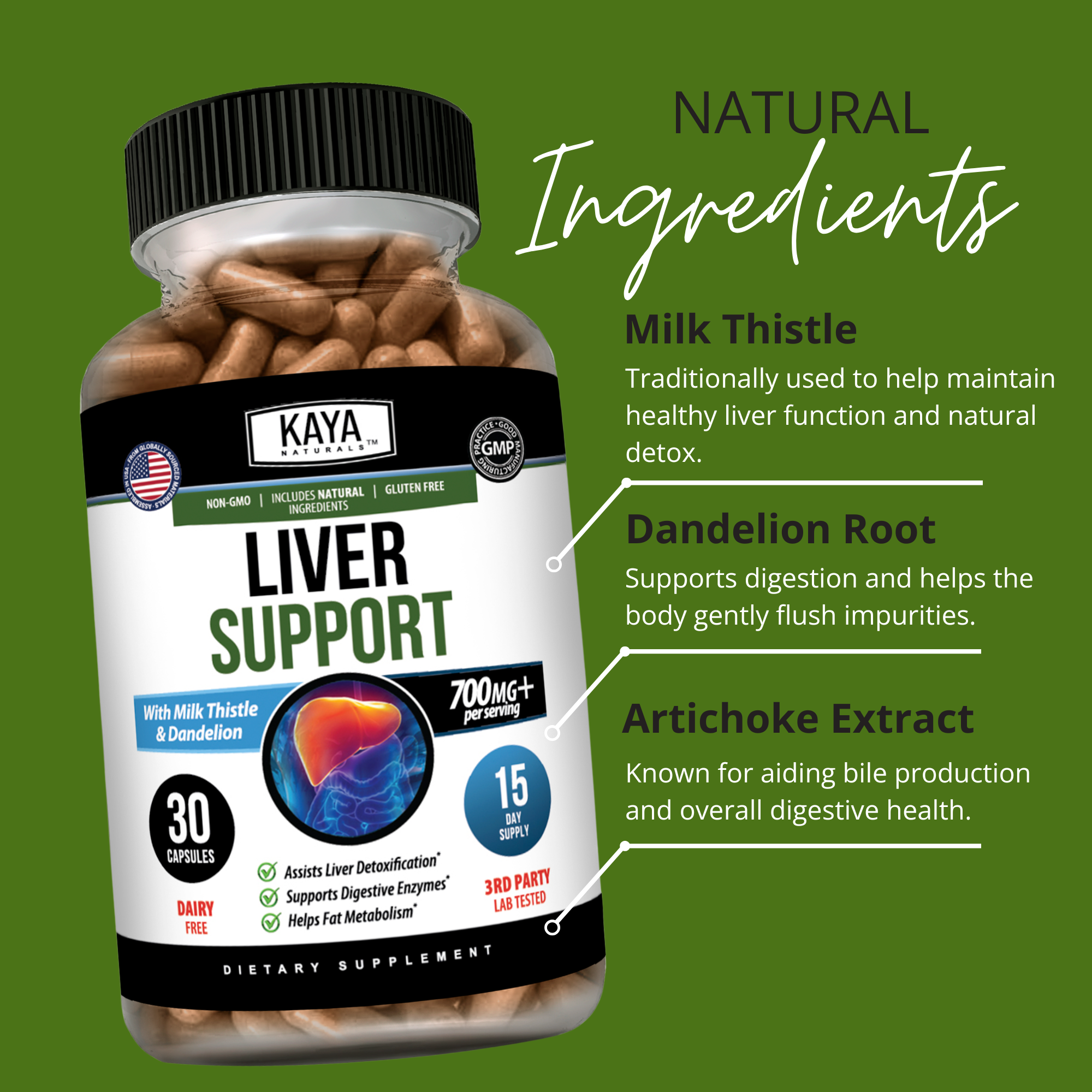 Bottle of Kaya Naturals Liver Support supplement with label showing product name and brand, placed on a white background.