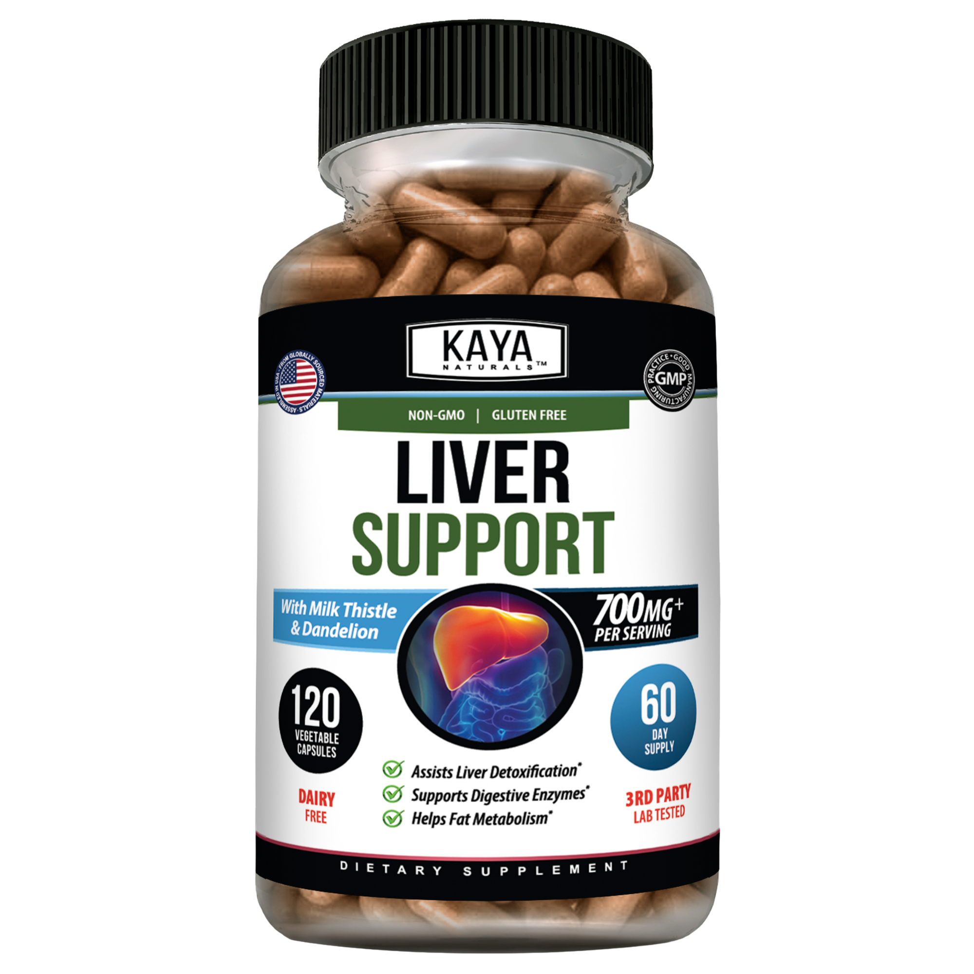 Kaya Naturals Liver Support supplement bottle with label, showing capsules and product branding on a white background.